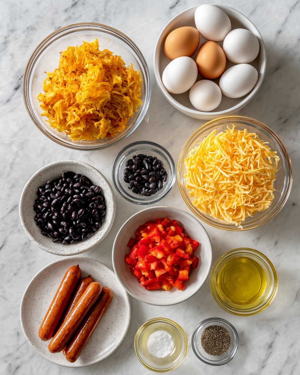 A white marbled surface holds a collection of breakfast ingredients arranged neatly: a green bag of Simply Potatoes Southwest Style Hash Browns stands in the upper left, next to a white bowl filled with several eggs showing bright yellow yolks and clear whites. Below the eggs, a clear glass measuring cup is filled with shredded orange and yellow cheese. To the left of the cheese, a white speckled bowl contains shiny black beans. Next to the black beans, a white bowl full of finely chopped bright red bell pepper sits beside two small clear glass bowls filled with light yellow avocado oil. At the bottom center, two small clear dishes hold black pepper and white salt. A white and brown boxed package of Ancho Queso chicken sausage lies to the left of the eggs, adding a rectangular shape among the round bowls. The white marbled surface provides a clean, bright background. photo taken with an iphone --ar 4:5 --v 7