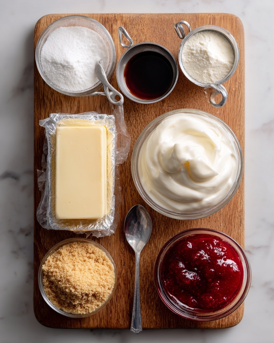 The image shows a wooden board on a white marbled surface with six labeled ingredients arranged neatly. There is a clear glass measuring cup filled with white heavy cream placed at the top right, a small metal measuring cup with white powdered sugar at the top left, and a metal teaspoon with dark brown vanilla extract below the heavy cream. A wrapped block of cream cheese in silver and white packaging is placed in the middle left, and a partially unwrapped stick of pale yellow butter rests just below the vanilla extract near the center. At the bottom left, a metal cup holds light tan graham cracker crumbs, and at the bottom right, a small clear glass bowl contains bright red strawberry jam with a shiny texture. photo taken with an iphone --ar 4:5 --v 7