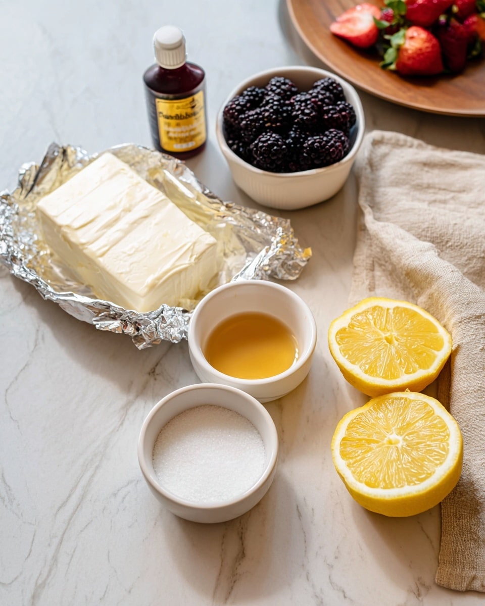 A top-down view of several ingredients arranged on a white marbled surface. There is an opened block of cream cheese in foil near the center, with two small white bowls in front; one filled with clear golden honey and the other with white sugar. To the right are two bright yellow lemon halves stacked vertically. A small amber bottle of vanilla extract stands behind the lemons. In the background, a small white bowl holds dark purple blackberries, and a beige towel is draped along the right edge with a hint of a wooden plate with strawberries visible. Photo taken with an iphone --ar 4:5 --v 7