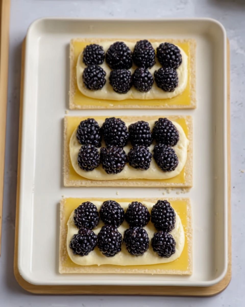 The image shows three rectangular pastries arranged in a row on a white tray with a white marbled surface beneath. Each pastry has three layers: a bottom golden-brown crisp pastry layer, a middle creamy light-yellow custard layer spread evenly, and a top layer of fresh blackberries neatly placed in two rows on the custard. The pastries have a simple and clean look with the contrasting colors of the crust, cream, and blackberries standing out. Photo taken with an iphone --ar 4:5 --v 7