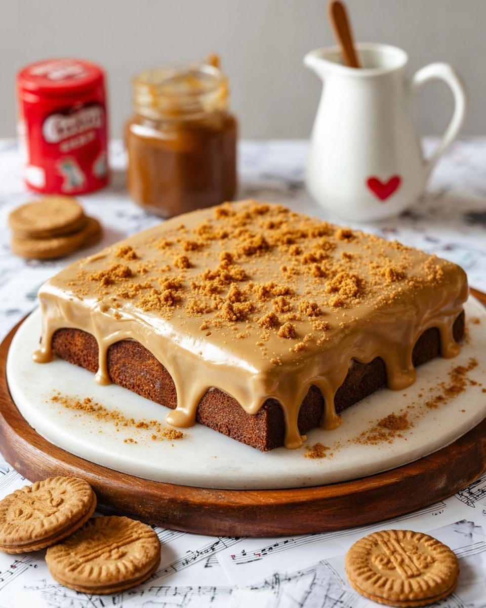 A square, thick cake sits on a round wooden board with a white marbled surface underneath covered partly by sheet music. The cake has two main layers: a dark brown base and a smooth, light brown caramel-like frosting layer that covers the top and drips slightly over the edges. The frosting is sprinkled with crumbled golden-brown biscuit bits evenly across the surface. Around the wooden board, there are whole round sandwich biscuits with a dark filling, a jar of caramel spread with a red lid, a white container with a wooden lid and spoon, and a white pitcher with a small red heart on it, all against a clean white marbled background. Photo taken with an iphone --ar 4:5 --v 7