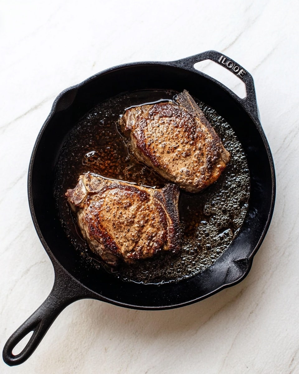 A black cast iron pan sits on a white marbled surface, containing two pieces of thick, brown cooked meat with a seared texture. The meat is surrounded by sizzling oil with bubbles that glisten around the edges of the pieces. The pan's handle extends downward, visible fully, with the word