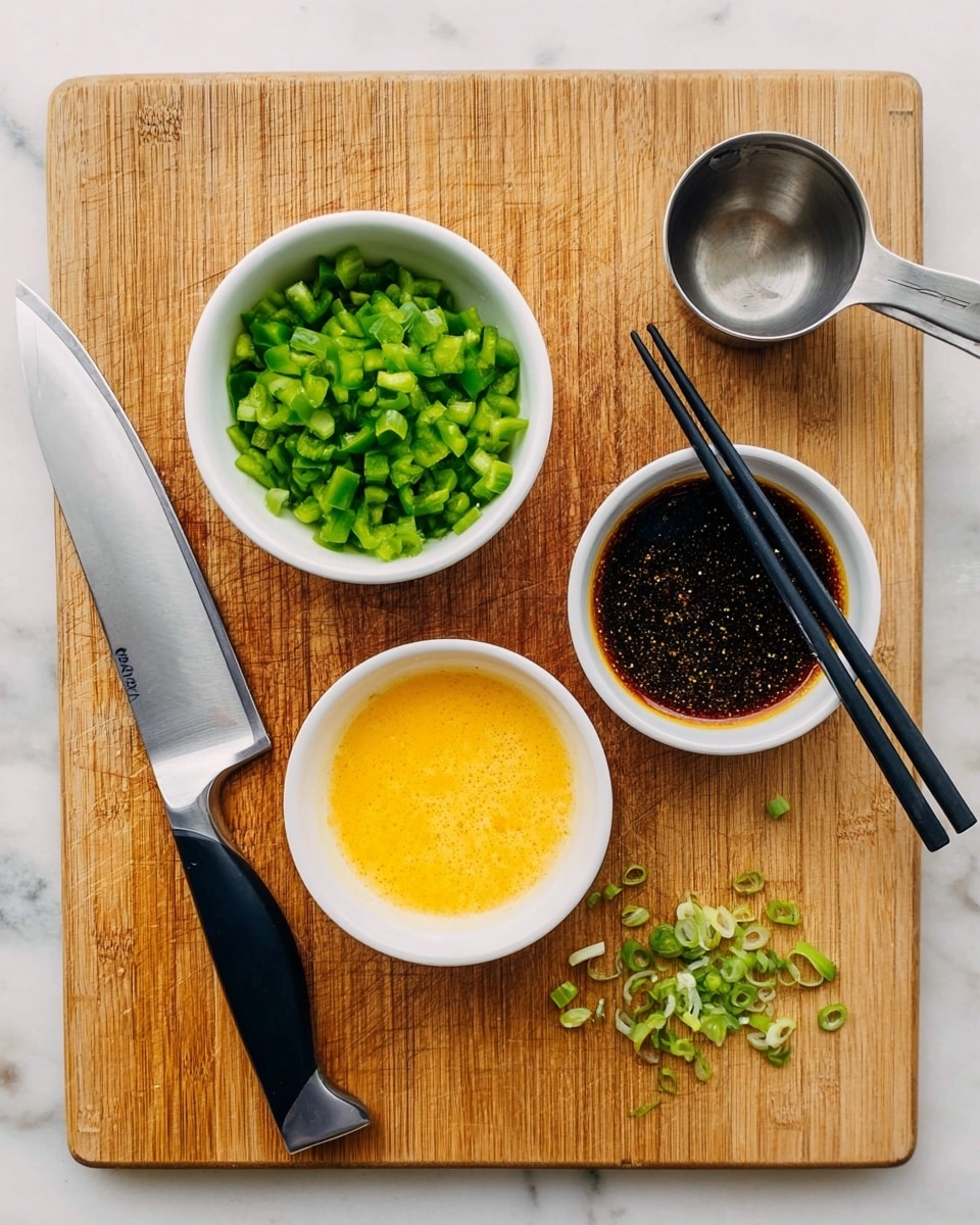 The image shows a wooden cutting board on a white marbled surface with three white bowls placed on it. One bowl contains bright green chopped bell pepper pieces with a rough square shape, another bowl is filled with a dark brown soy sauce-like liquid with small oil bubbles on the surface, and the third bowl has a yellow beaten egg mixture with two black chopsticks resting on top. On the cutting board near the bowls, there is a stainless steel measuring cup, a large silver knife with a black handle, and small, round slices of green onions scattered next to the knife. Photo taken with an iphone --ar 4:5 --v 7