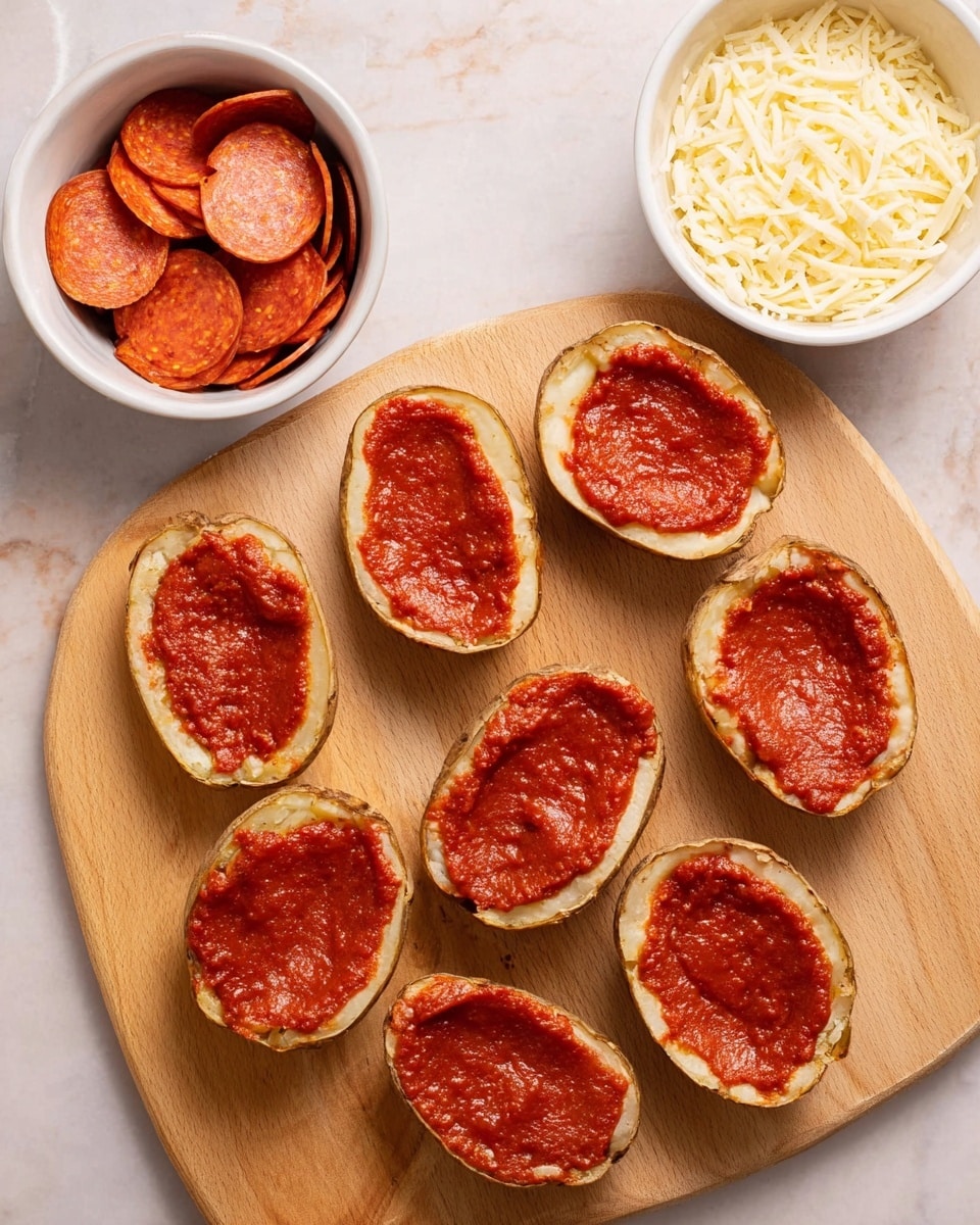 The image shows eight hollowed potato halves laid out on a wooden board, each filled with a layer of red tomato sauce that has a smooth, slightly textured look. To the top left of the board, there is a white bowl filled with round pepperoni slices that are red-orange with a slight shine. Below that, there is another white bowl filled with light yellow shredded cheese with a fluffy texture. The background is a white marbled surface. photo taken with an iphone --ar 4:5 --v 7
