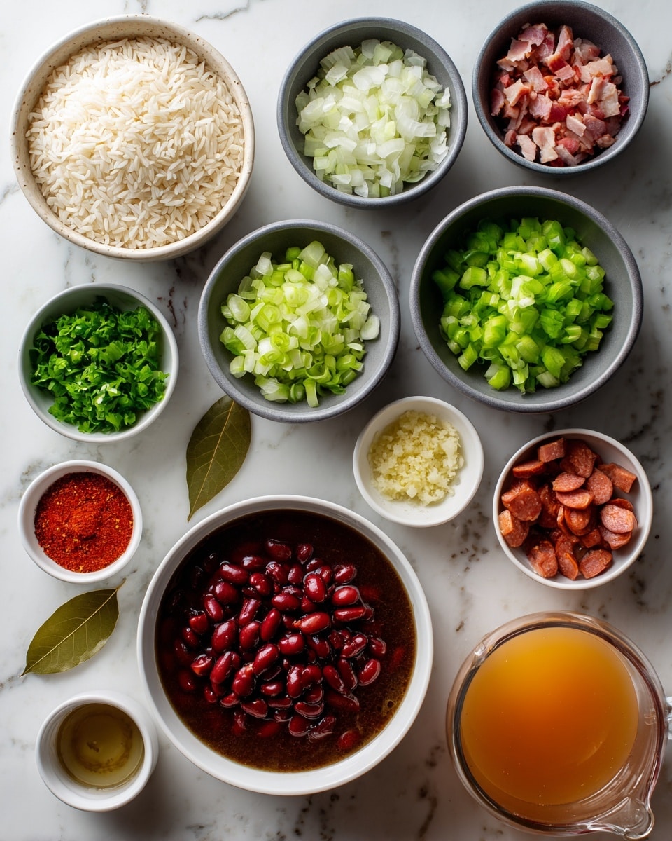 The image shows an overhead view of various cooking ingredients placed neatly on a white marbled surface. There are 14 bowls and containers arranged in a loose grid. At the center bottom is a white bowl filled with red beans in dark liquid. To its left is a light tan bowl with white long-grain rice. Above the rice bowl is a dark gray bowl holding chopped white onions, and next to it a similar bowl filled with chopped green bell peppers. Above both is a small white bowl with chopped green onions (diced tomatoes). Moving right from the green bell pepper bowl is a small tan bowl of minced garlic, and above it a small white bowl with bright green chopped parsley. Next to the garlic is a dark gray bowl with small pieces of raw bacon. To the right of the bacon is a clear glass measuring cup filled with light orange low-sodium chicken broth, and near it is a small white bowl of sliced reddish-brown andouille sausage. Above the sausage bowl is a clear round bowl of chopped pale green celery. On the top row are five small bowls: starting left, a small white bowl of red hot sauce, a small white bowl with two large bay leaves, a small white bowl with reddish-orange Cajun or Creole seasoning, a tiny tan bowl with golden olive oil, and lastly a small white bowl holding white salt and black pepper. The bowls vary in texture, some smooth and some slightly rough, with the colors of ingredients bright and clear. Photo taken with an iphone --ar 4:5 --v 7