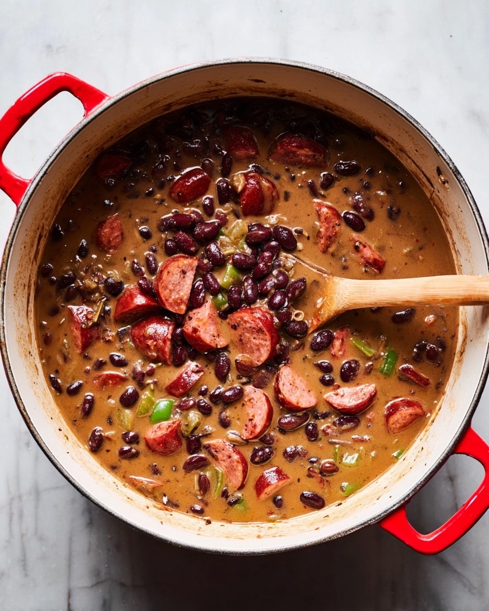 A large white pot with red handles is filled with a thick stew made of dark red and black beans, sliced reddish sausages, and small pieces of green vegetables. The stew has a smooth, creamy brown base, with chunks of ingredients spread evenly throughout. A wooden spoon rests inside the pot, partly covered in the stew, showing a mix of all the ingredients. The pot sits on a white marbled surface. photo taken with an iphone --ar 4:5 --v 7