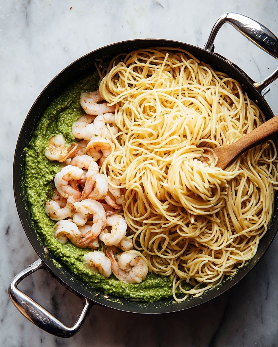 A black pan is filled with three main layers: on the bottom left, there is a thick, bright green pesto sauce with a slightly coarse texture, topped with several pink and white cooked shrimp scattered over it. On the right half and top of the pan, a large pile of pale yellow cooked spaghetti noodles lies loosely in a tangled heap. A wooden spoon with a smooth surface rests on the noodles, partially over the shrimp and pesto. The pan has two silver handles on each side and sits on a white marbled surface. Photo taken with an iphone --ar 4:5 --v 7