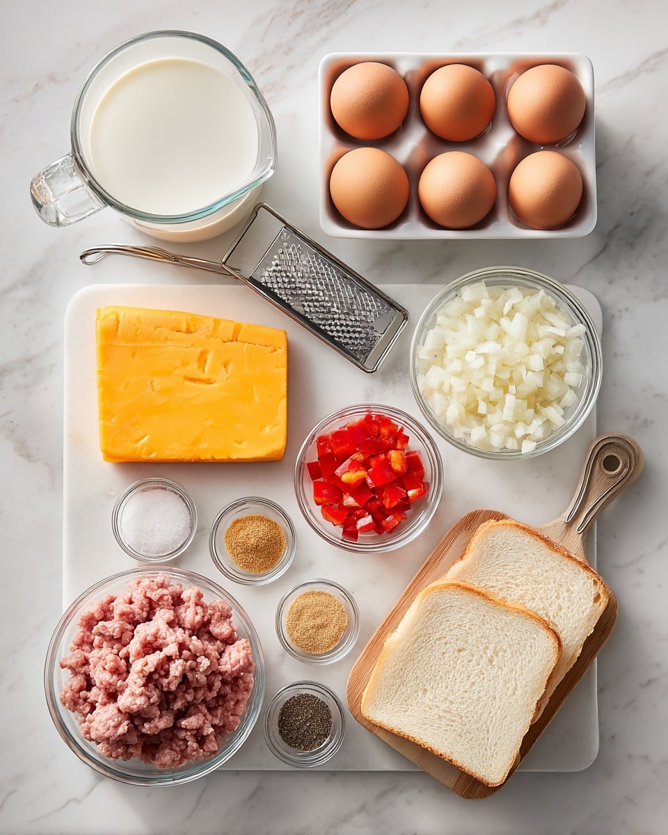 The image shows nine cooking ingredients arranged neatly on a white marbled surface. Starting from the top left, there is a clear glass measuring cup filled with white milk. To the right, there is a rectangular white container holding seven brown eggs stacked in two layers. Next to the eggs is a small clear bowl filled with finely chopped white onion pieces. Below the milk is a block of bright orange cheddar cheese resting on a silver grater with a black handle. To the right of the cheese, there is a small clear bowl filled with small red diced bell pepper pieces. Below the onion bowl, there is a small clear bowl filled with light brown dry mustard powder. Near the center bottom, there is a small clear bowl containing dark ground pepper and another small clear bowl with white salt. At the bottom left is a clear bowl filled with chunks of raw sausage meat, slightly pink and coarse. On the right bottom side, there is a small stack of white sliced bread placed on a square wooden cutting board with a handle. The items are evenly spaced and well organized. Photo taken with an iphone --ar 4:5 --v 7