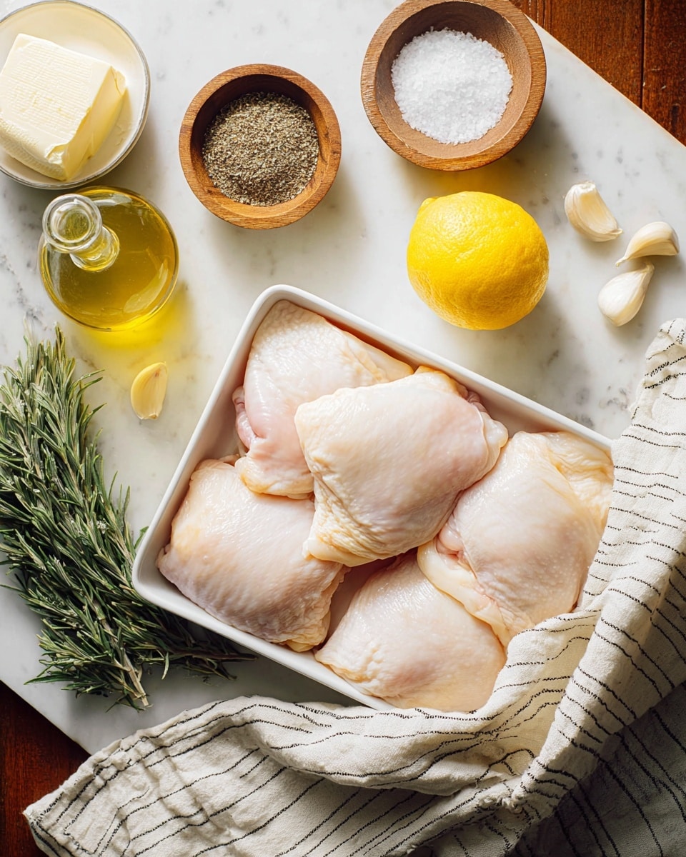 A white rectangular dish holds six raw chicken thighs with pale skin and soft texture arranged close together to fill the dish; around it on a white marbled surface are scattered ingredients including a whole bright yellow lemon, five separated garlic cloves with pale yellow skin, a small wooden bowl filled with coarse white salt, a small ceramic bowl with ground black pepper, a block of pale butter in partly opened wrapper, a small glass bottle of golden olive oil, and a fresh green rosemary sprig; there is also a light beige cloth with black stripes near the bottom of the image photo taken with an iphone --ar 4:5 --v 7