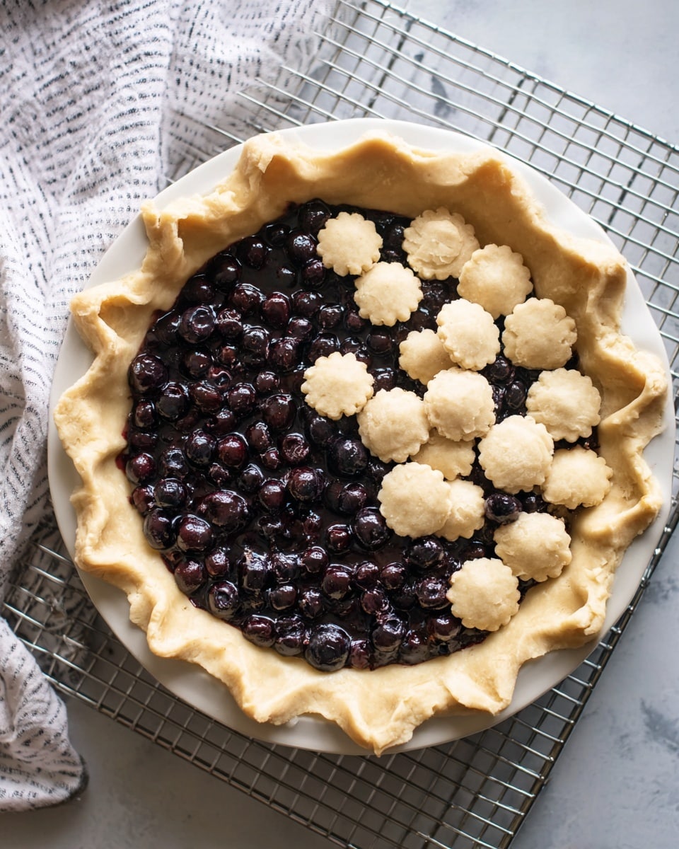 The image shows an unbaked blueberry pie in a white pie plate with a fluted edge crust. The bottom layer is made of shiny dark purple blueberries filling half of the pie, while the other half has small round and flower-shaped pieces of dough placed on top in a scattered manner. The crust on the edge is thick and wavy, extending above the filling. The pie plate is on a metal cooling rack, which is placed on a white marbled surface with a white cloth featuring thin black stripes nearby. Photo taken with an iphone --ar 4:5 --v 7