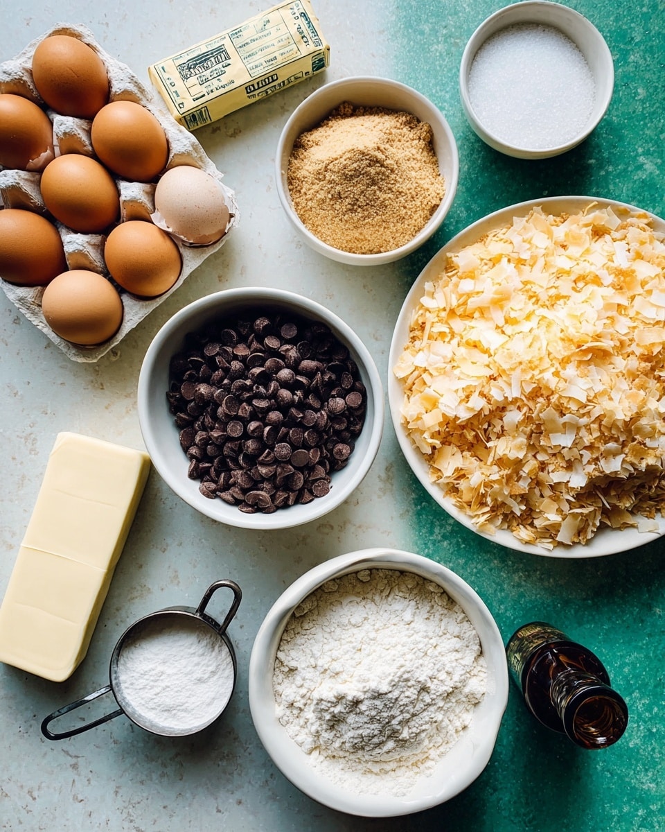 The image shows a flat lay of baking ingredients on a white marbled textured surface. On the left side, there are four brown eggs placed in a white egg tray. Below the eggs, there is an unwrapped stick of butter with its wrapper partially opened. Next to the eggs, a white bowl is filled with round dark chocolate chips. Above this bowl, two measuring cups lie side by side, one filled with light brown almond flour and the other with white sugar. To the right, a large white plate holds a layer of toasted coconut flakes in golden and light brown shades. Below the toasted coconut, two white bowls contain white flour and a pale fine powder, possibly powdered sugar or another dry ingredient. A small dark glass bottle stands near the center-bottom edge of the image. The colors and textures of the ingredients create a warm and inviting baking scene photo taken with an iphone --ar 4:5 --v 7