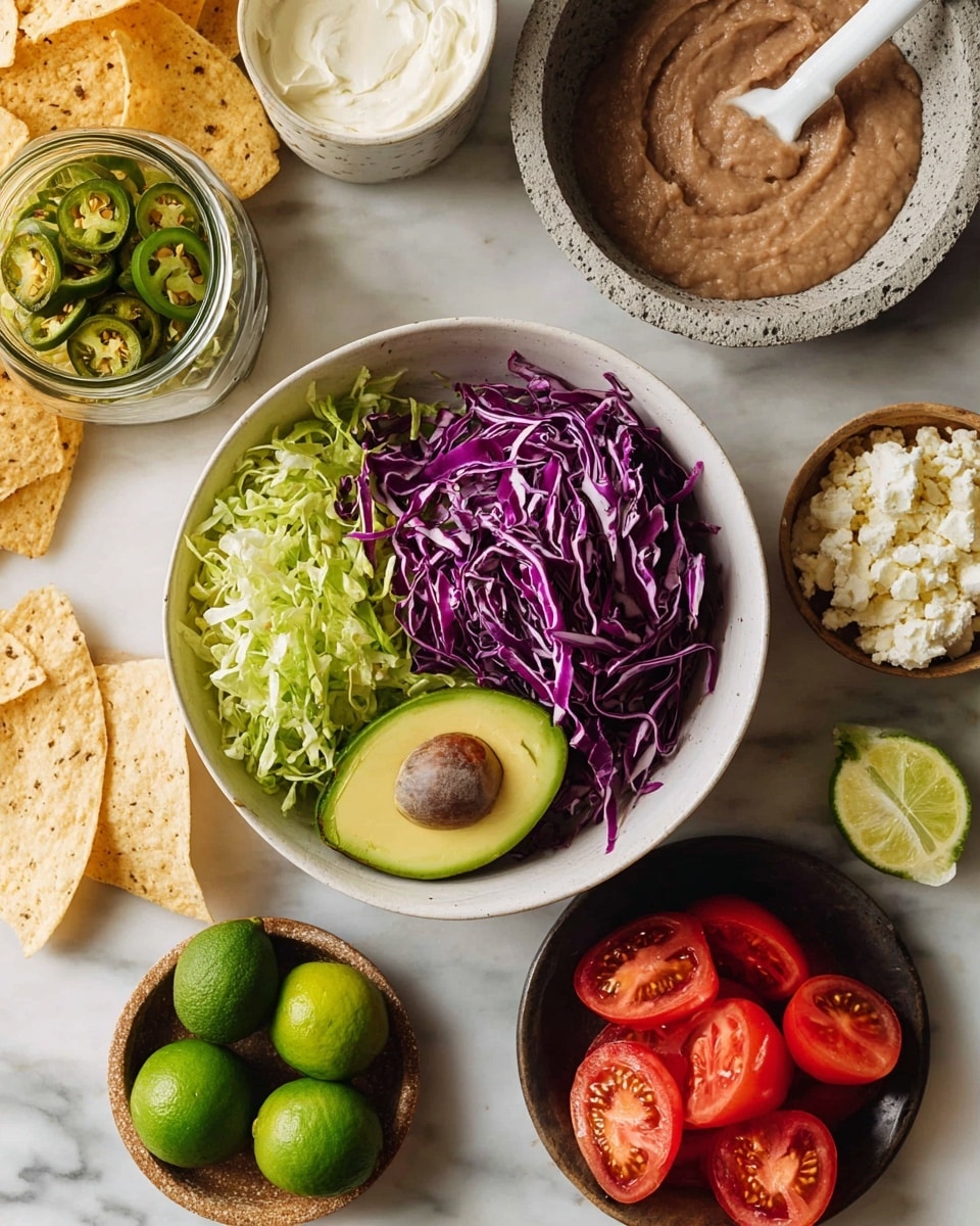 A white bowl holds two layers: a base of shredded green lettuce topped with thin, vibrant purple cabbage strips, and on the right side, two avocado halves—one with a visible seed and the other empty. Surrounding the bowl on a white marbled surface, clockwise from the top left, there is a clear glass jar of sliced green jalapeños with a white spoon inside, a stone bowl with three whole green limes and two lime halves, a white container with a creamy white sauce, a small black bowl filled with light brown mashed beans, a rustic plate holding four red tomato wedges, and a small wooden bowl filled with white crumbly cheese. To the far left, part of several round, thin, yellow tortilla chips are visible. photo taken with an iphone --ar 4:5 --v 7