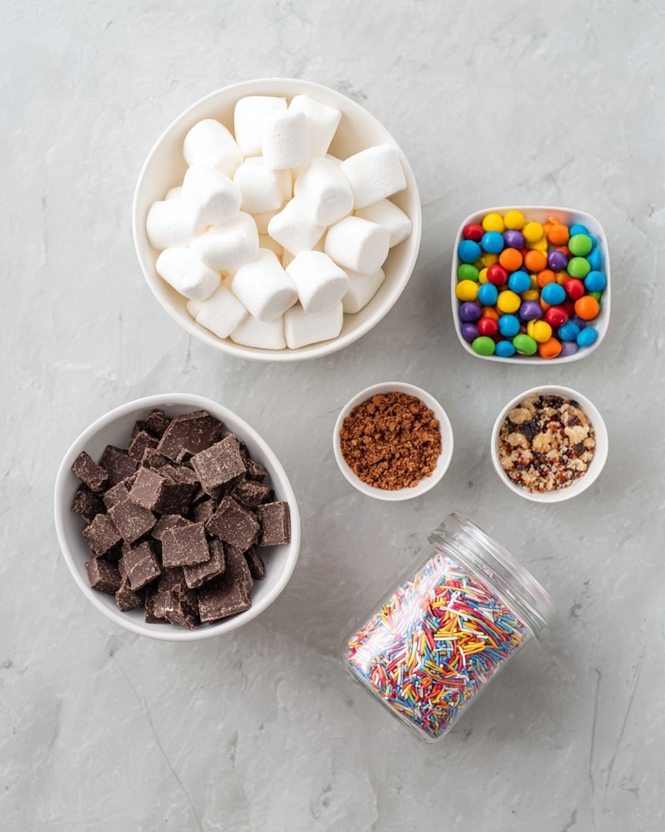 The image shows five white dishes arranged on a white marbled surface. The top left round bowl is filled with large fluffy white marshmallows. To the right, a small square dish holds colorful round candy pieces in bright red, yellow, blue, green, orange, and purple. Below it, another small square dish contains small brown crunchy bits. At the bottom left, a larger round bowl is filled with dark chocolate candy wafers, some showing a powdery bloom. Near the center lies a small clear jar filled with long, thin, multicolored sprinkles, lying on its side. The image has soft lighting and a clean, simple look photo taken with an iphone --ar 4:5 --v 7