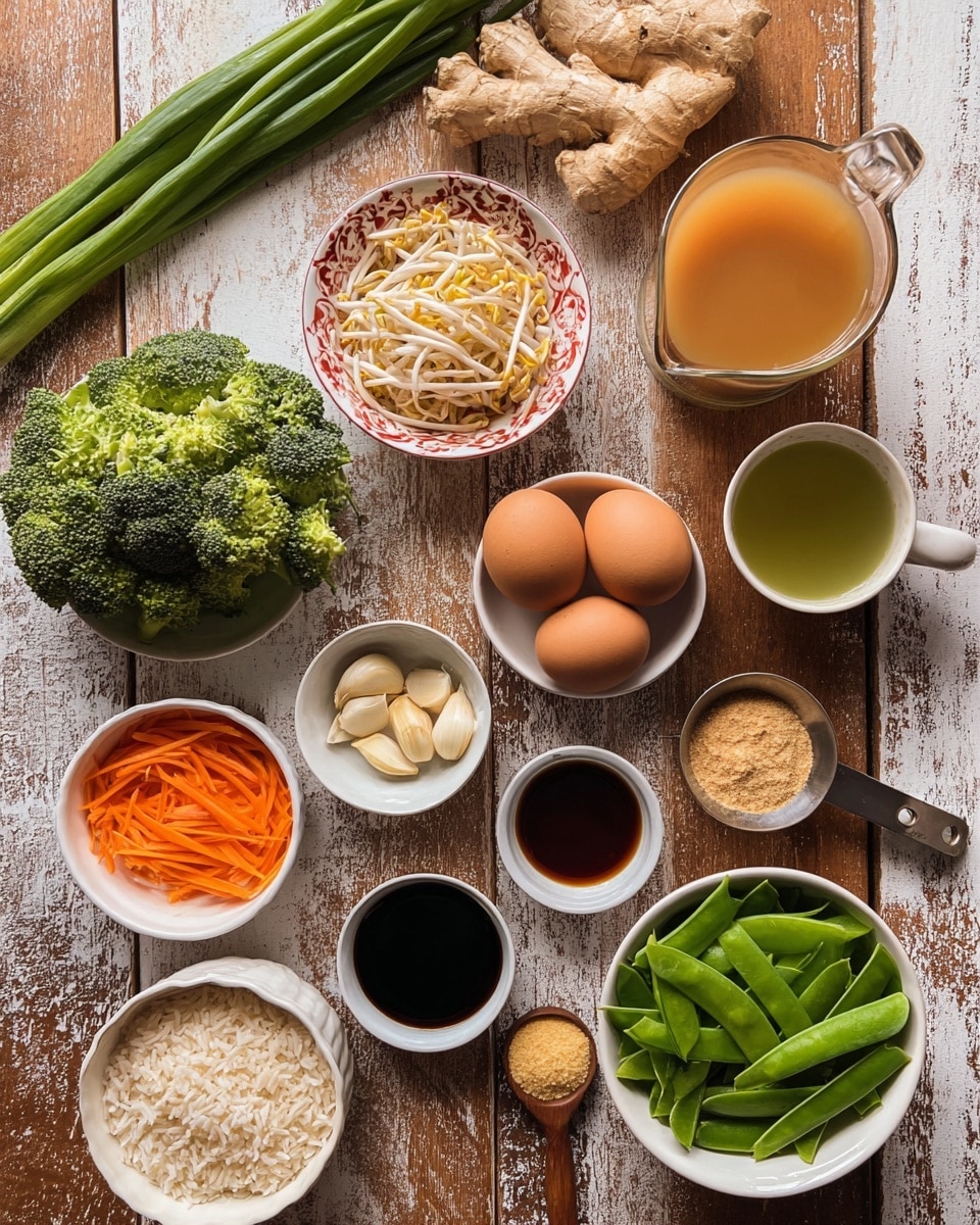 This image shows many ingredients neatly arranged on a wooden surface with a white marbled texture. In the center right, there is a glass measuring cup filled with a light brown liquid, next to a white bowl with bright green snap peas on the right side. Two brown eggs rest inside a small white bowl with a red and gold patterned inside lining, located near the top center. A few long green onions lie across the top of the frame, above a large piece of light brown ginger root. Below are a white bowl filled with bean sprouts, a small bowl with peeled garlic cloves, and an orange bowl with thin orange carrot sticks. Towards the bottom left, fresh broccoli three stalks contrast with a metal measuring cup full of white rice. In the lower center, a small white scalloped bowl contains light brown ground peanuts or crumbs. Nearby are small cups holding dark soy sauce, a light brown vinegar-like liquid, a green tea or broth, a reddish sauce, and a small wooden scoop's worth of pale powder. photo taken with an iphone --ar 4:5 --v 7