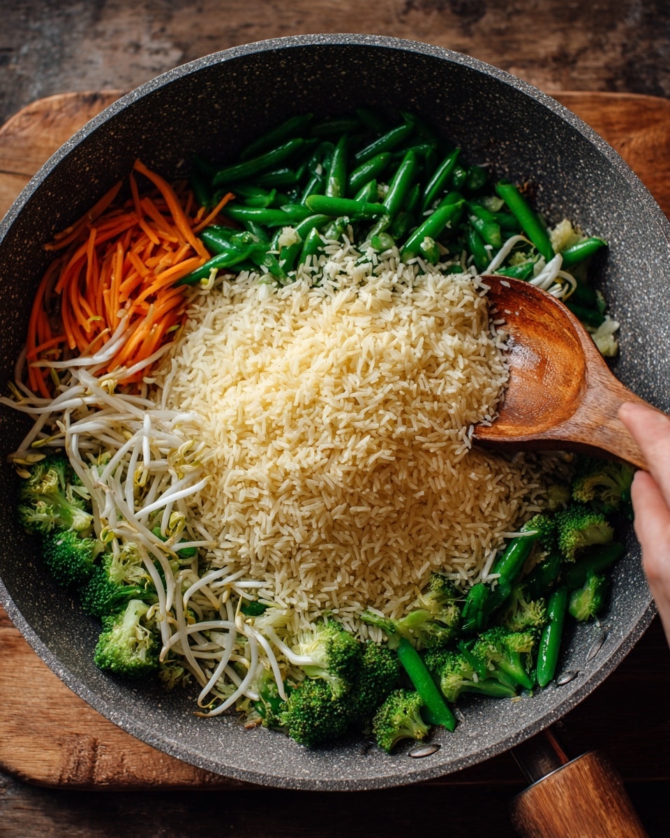 A gray speckled pan with a wooden handle sits on a wooden background with a woman's hand holding a wooden spoon nearby. Inside the pan, there is a layer of mixed vegetables including green snap peas, broccolis, white bean sprouts, and thin shredded orange carrots forming a colorful border around the edge. In the center, there is a large mound of light yellow cooked rice, soft and fluffy in texture, covering most of the vegetable base. The ingredients look fresh and vibrant. photo taken with an iphone --ar 4:5 --v 7