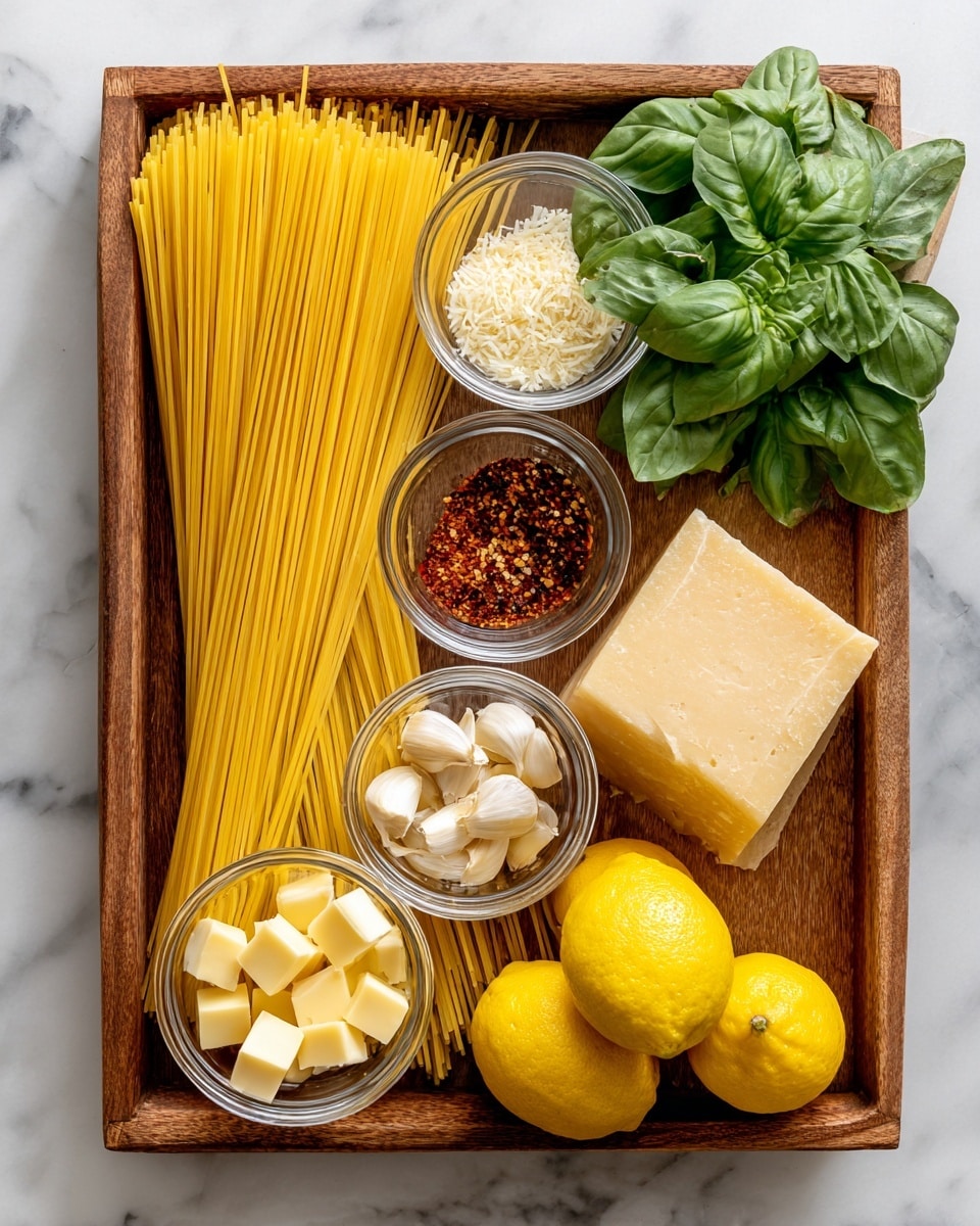 A wooden tray holds raw spaghetti on the left side, long and yellow strands arranged neatly. Around the spaghetti are small clear round bowls with chili flakes, salt and pepper mix, peeled garlic cloves, and butter cut into squares. On the right side of the tray, there is a chunk of pale yellow Parmesan cheese, two bright yellow lemons, and a bunch of fresh green basil leaves. The image is bright and clear, with everything laid out in an organized way on the wooden tray, placed on a white marbled surface. photo taken with an iphone --ar 4:5 --v 7