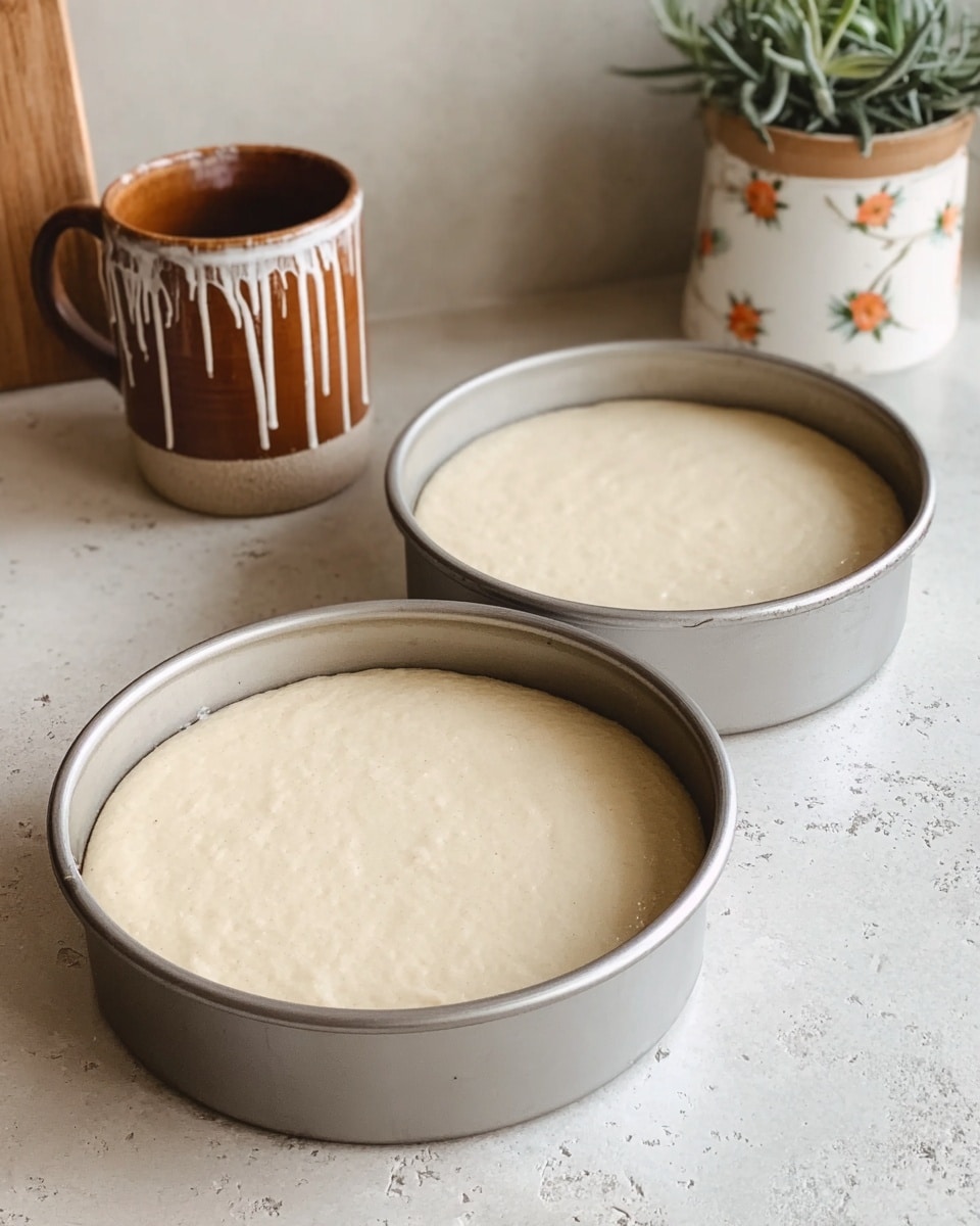 Two round metal baking pans filled with smooth, pale cream batter, each taking up most of the pan's space with a flat surface. The pans sit on a white marbled textured surface. Behind the pans, there is a brown ceramic mug with drips of white glaze and a second ceramic cup with a small floral design in muted orange and white colors. A plant in a white pot with small green leaves is partially visible in the background. photo taken with an iphone --ar 4:5 --v 7