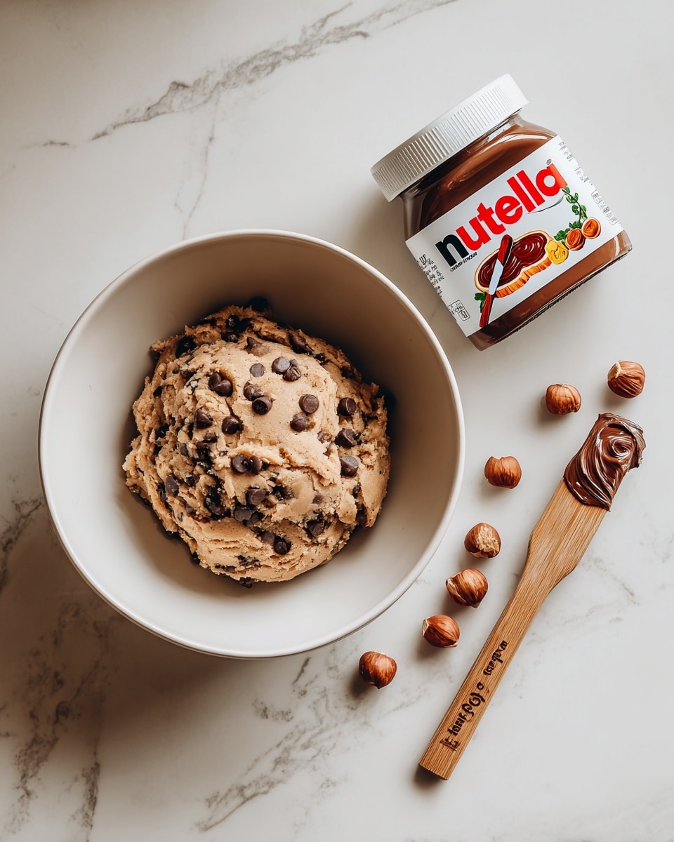 The image shows two main items placed side by side on a white marbled surface. On the left is a blue packet of chocolate chip cookie dough, with a smiling white chef cartoon and cookies pictured on the front. The text