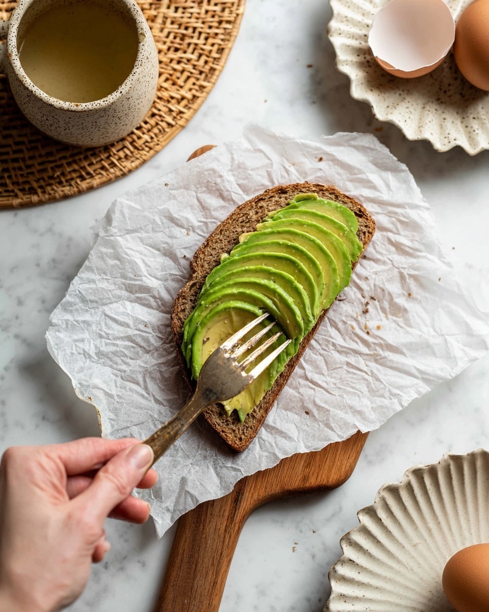 A slice of brown bread with a coarse texture lies on crumpled white parchment paper on a small wooden board. On top of the bread, there are thin, layered slices of bright green avocado neatly placed, covering almost the entire slice. A woman's hand holds a fork pressing lightly on the avocado. Around the board, there is a broken eggshell in a beige bowl on a woven mat, a speckled light brown ceramic cup on a white scalloped plate, all set on a white marbled surface. photo taken with an iphone --ar 4:5 --v 7
