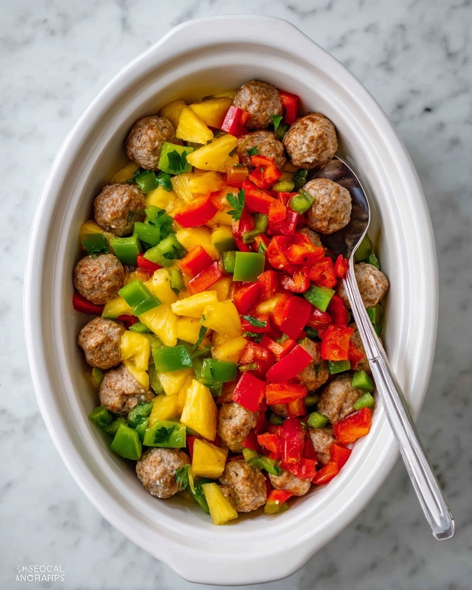 A white oval dish holds a mix of colorful food layers. The bottom layer is made of bright yellow pineapple chunks. Above that are light brown meatballs scattered evenly. The top layer is a mix of chopped red and green bell peppers, adding vibrant red and green colors. A silver spoon rests on the right side inside the dish. The whole scene is set against a white marbled texture. photo taken with an iphone --ar 4:5 --v 7