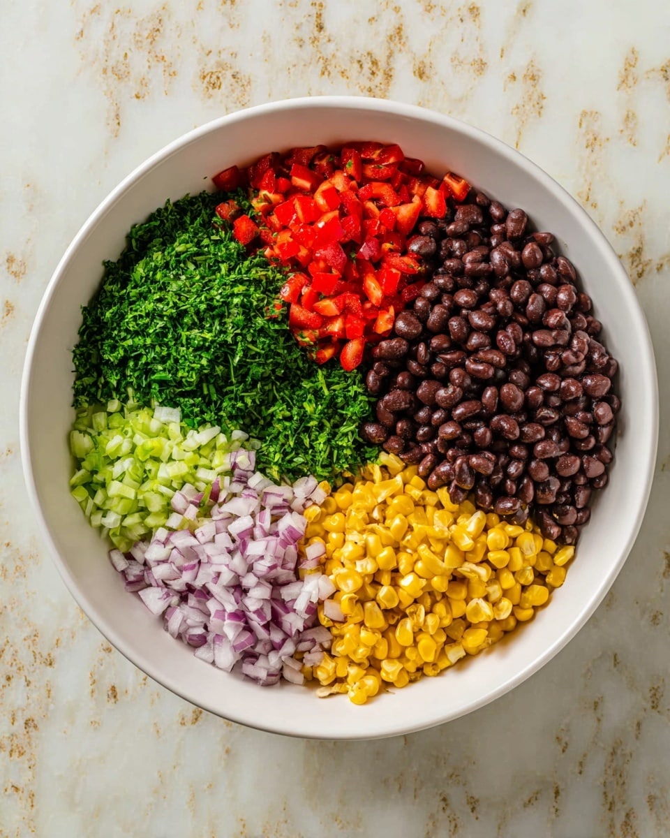 A white bowl sits on a white marbled surface filled with six evenly divided sections of ingredients arranged in a circle. Starting from the top left, there are bright red small diced pieces, followed by finely chopped green herbs, then a pile of dark brown black beans. Continuing clockwise, there are small diced green pieces, next a cluster of yellow corn kernels, and finally finely chopped pale purple onions. Each section is distinct with clear color and texture differences. Photo taken with an iphone --ar 4:5 --v 7
