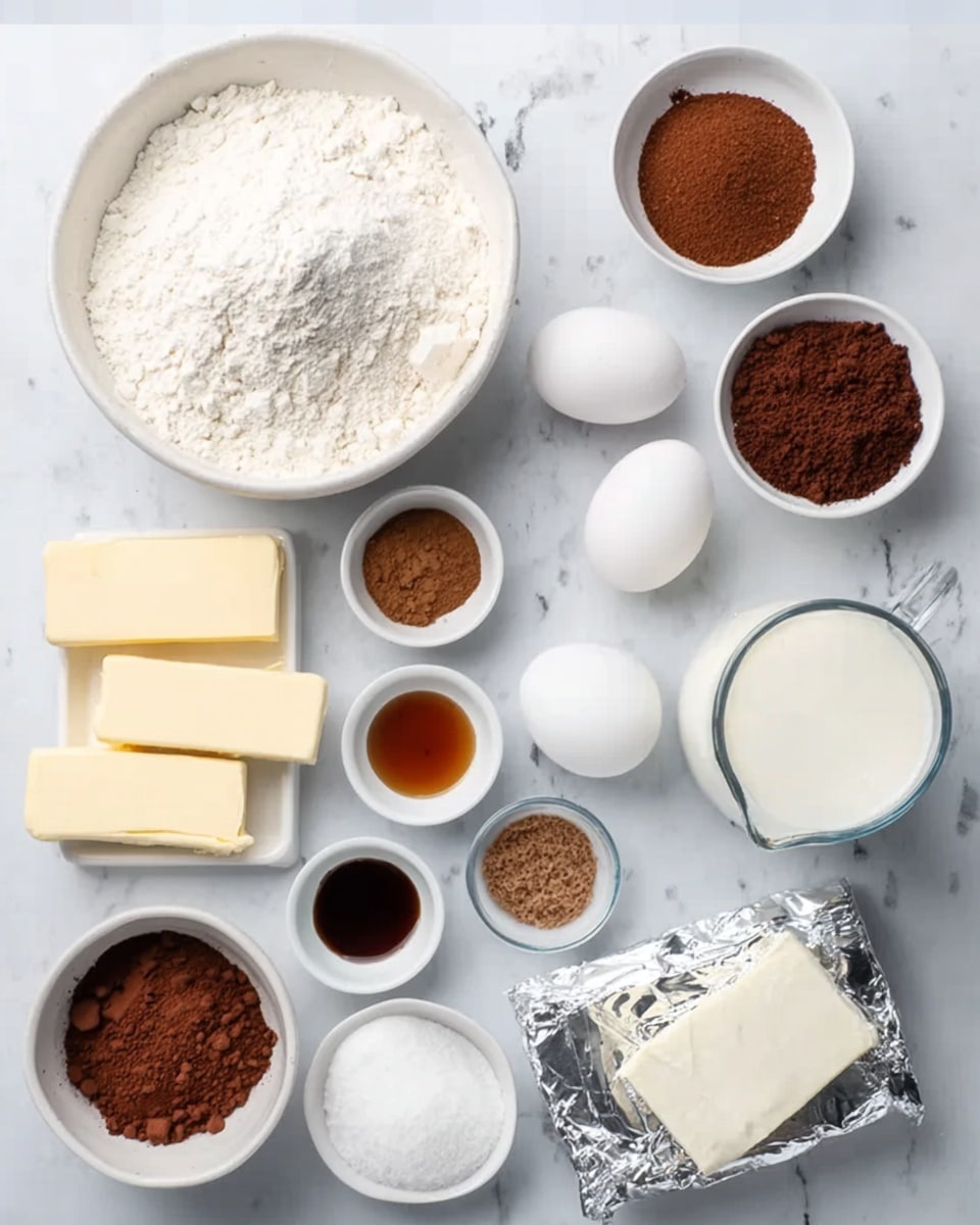 The image shows multiple white bowls and small containers on a white marbled surface, each holding different baking ingredients arranged in a loose grid pattern. Starting from the top left, there is a bowl of dark brown cocoa powder next to a lighter brown powder. Below them is a large white bowl filled with white flour. Two sticks of butter are placed horizontally in the middle of the image, with two white eggs nearby. Below the eggs, there are bowls of white granulated sugar and light brown sugar, and small containers of salt and vanilla extract are placed nearby. On the right side, there is a small pitcher of cream, a silver foil-wrapped block of butter above a bowl of ground coffee or dark brown powder, and a small white bowl of white granulated sugar. Everything is set on a clean white marbled table. Photo taken with an iphone --ar 4:5 --v 7