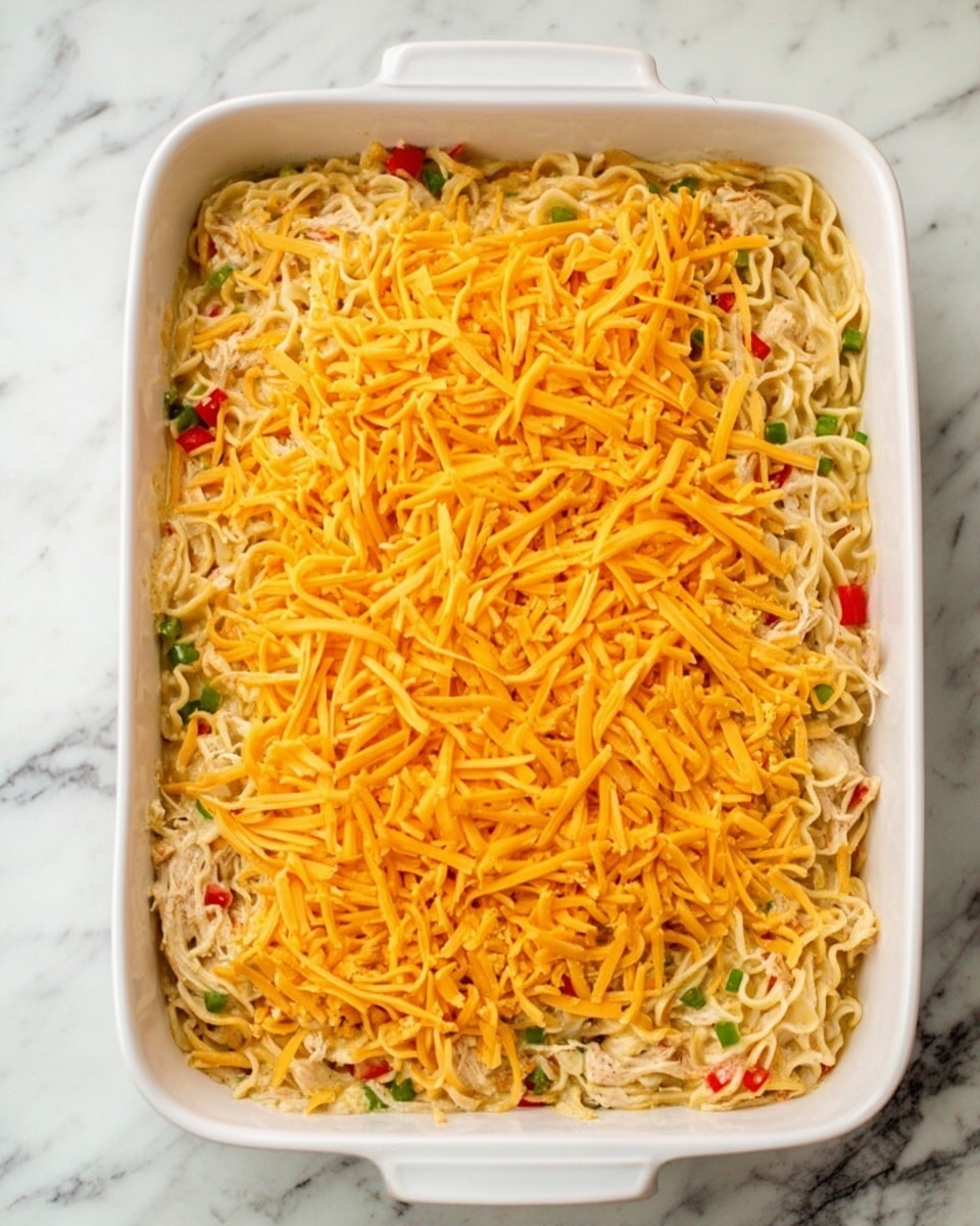 A white baking dish filled with a noodle casserole that has two main layers. The bottom layer is a mix of creamy noodles with shredded chicken, small pieces of red and green bell peppers, and bits of onions, all mixed together with a light sauce giving the noodles a soft texture. The top layer is a generous spread of shredded bright orange cheddar cheese evenly covering the noodles. The background is a white marbled surface. Photo taken with an iphone --ar 4:5 --v 7
