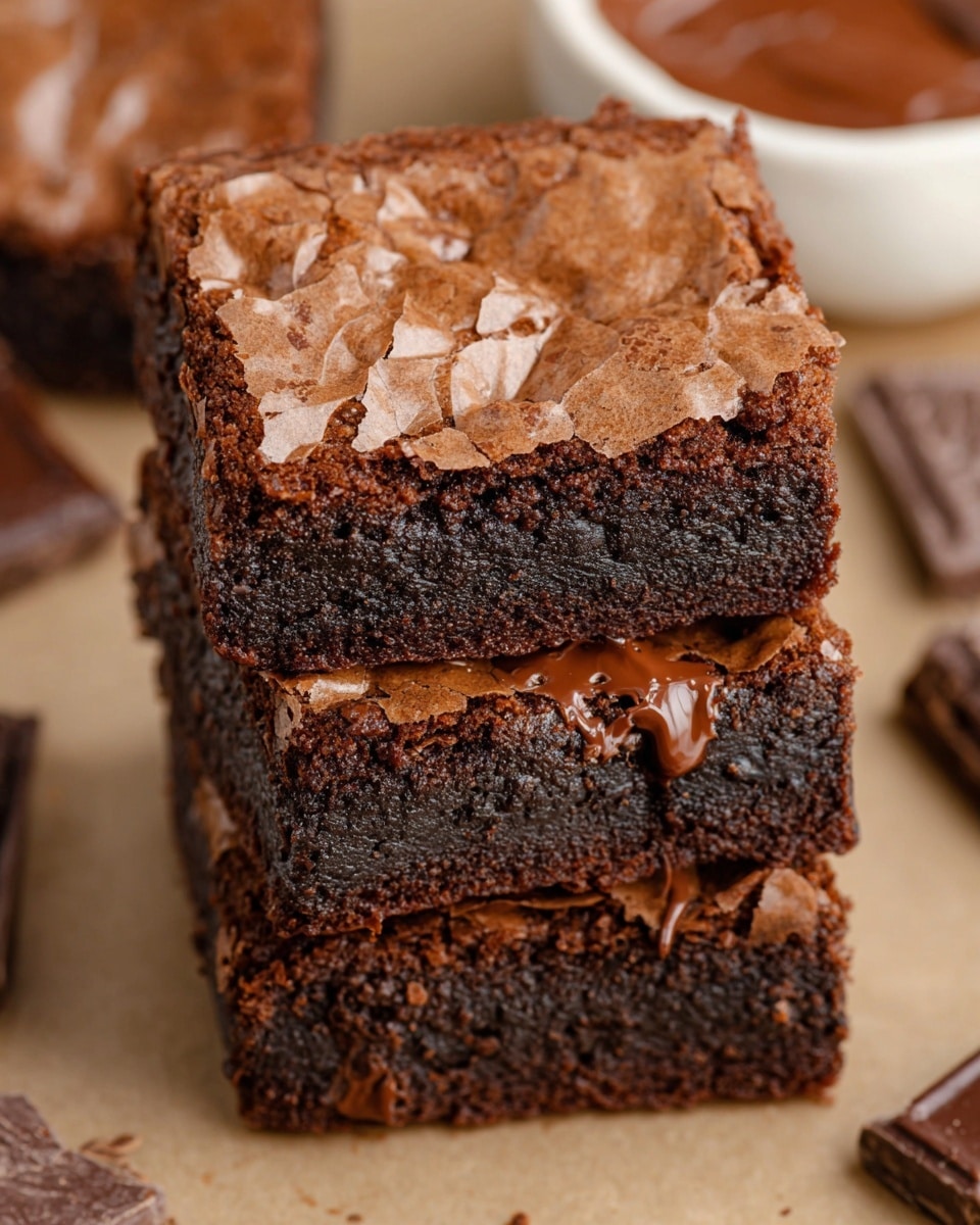 There are eight square chocolate brownies with a cracked, shiny top layer arranged on brown parchment paper over a white marbled surface. The brownies have a dense, dark brown texture inside and a slightly lighter crust on top. A small white bowl filled with smooth, creamy chocolate spread sits among the brownies, with a spoon resting inside it. Scattered chocolate chunks are placed around the brownies on the parchment paper. photo taken with an iphone --ar 4:5 --v 7