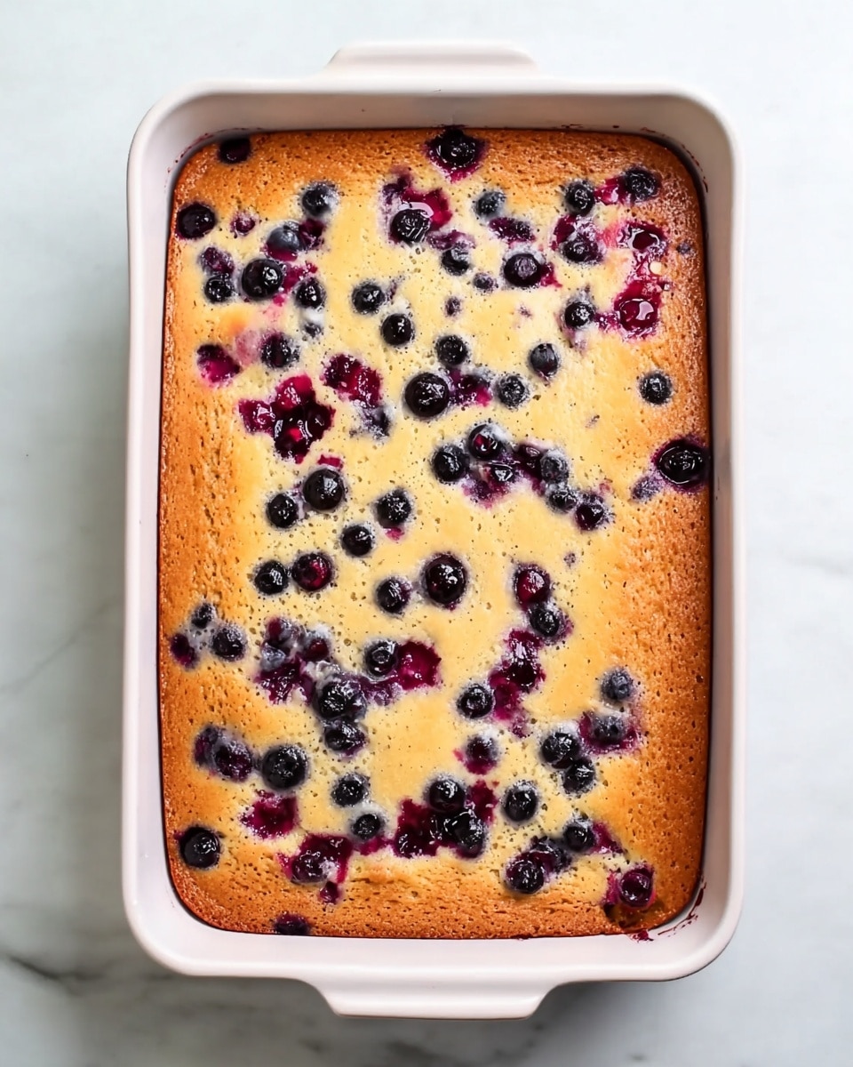 A rectangular white ceramic dish holds a baked cake with a smooth top layer that is light golden brown. The surface is dotted with small, scattered dark blue and red berries, some slightly sunken into the cake, creating a mix of purples and reds where the juices have spread. The cake appears soft and fluffy with a lightly crisp edge along the sides inside the dish. The dish sits on a white marbled surface with a clean and bright background. photo taken with an iphone --ar 4:5 --v 7