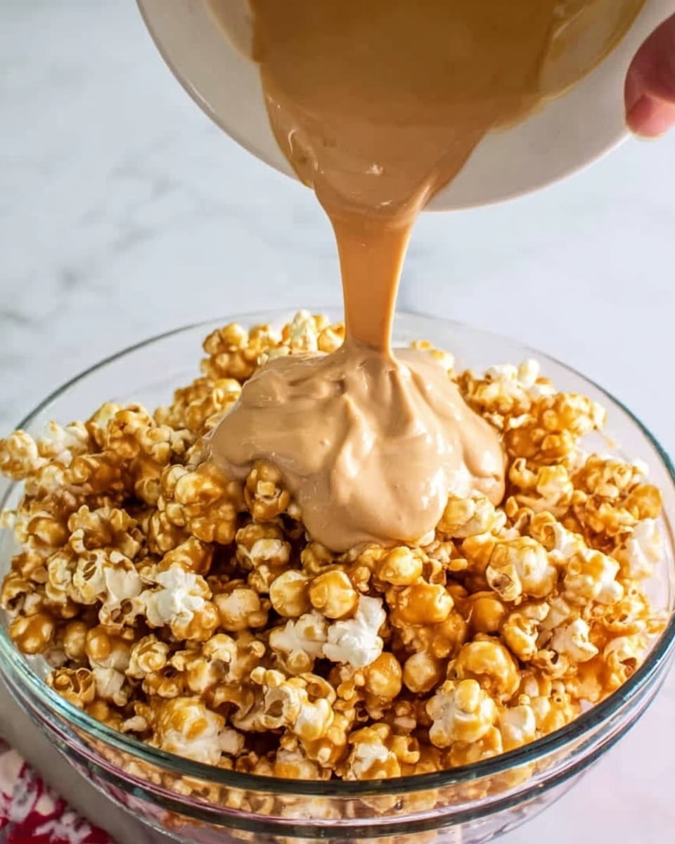 The image shows caramel popcorn in a clear glass bowl with a thick, light brown sauce being poured over it from a white bowl held by a woman's hand. The popcorn looks crunchy and golden, filling the bowl in an uneven pile. The sauce is smooth and creamy, slowly drizzling over the top of the popcorn, creating soft folds as it lands. The scene is set on a white marbled surface, adding brightness to the image. Photo taken with an iphone --ar 4:5 --v 7