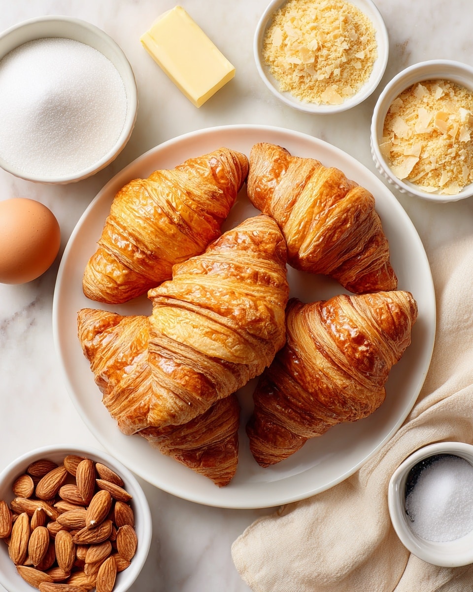 On a white plate in the center, there are six golden brown croissants with layered, flaky textures stacked closely together. Surrounding the plate on a white marbled surface are small white bowls and items: on the left, a white bowl filled with fine white sugar below the croissants; to the right of the sugar is a rectangular stick of pale yellow butter. Above this is a small white bowl filled with pale yellow almond flour with a slightly crumbly texture. Below the almond flour is a smaller white bowl full of sliced almonds in light tan and brown tones. To the right of the croissants, there is a brown egg resting on cream-colored fabric and a small black bottle of almond extract with an orange label. Lastly, a small white bowl of fine white powdered sugar sits at the bottom right. Photo taken with an iphone --ar 4:5 --v 7