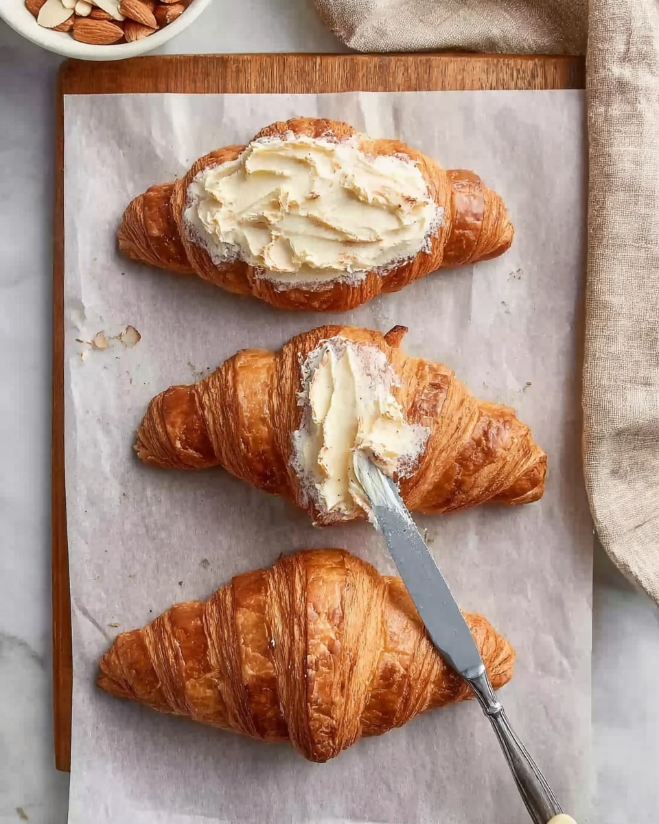 The image shows three croissants on a sheet of parchment paper placed over a wooden board on a white marbled surface. The top two croissants are spread with a creamy, light-colored layer of butter; the top croissant has the butter unevenly spread on its upper surface, while the middle croissant is also covered with butter, and a silver butter knife is actively spreading the butter on it. The bottom croissant remains plain, showing its golden-brown, flaky texture with visible layers. In the top left corner, part of a white bowl with almond slices is visible, and a beige cloth is partially seen in the top right corner. photo taken with an iphone --ar 4:5 --v 7