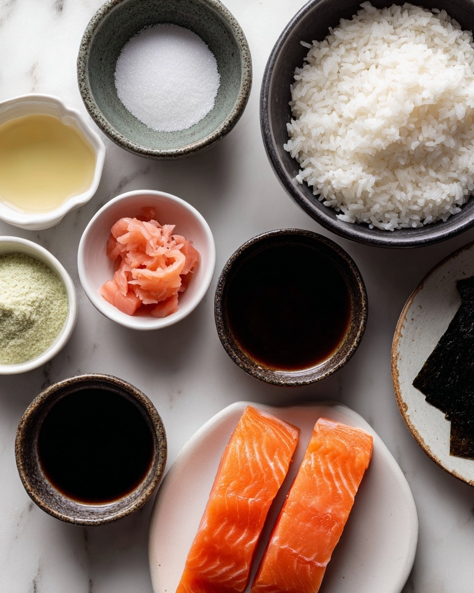 The image shows several small bowls arranged on a white marbled surface, each containing different sushi ingredients. In the center near the bottom, a dark bowl holds white sushi rice with a slightly grainy texture. To its left is a darker bowl filled with clear water. At the top left, three small white bowls hold coarse salt, light yellow rice vinegar, and white sugar, each with a smooth surface. Next to them, a small dark bowl contains deep brown soy sauce. On the right side, a dark bowl holds pale pink pickled ginger with soft folds, and another dark bowl has a small amount of green wasabi paste. Below, on the right, a white plate carries two pieces of bright orange sashimi-grade salmon with a smooth, glossy texture. A dark piece of dried kombu is partially visible on the far right. The photo taken with an iphone --ar 4:5 --v 7