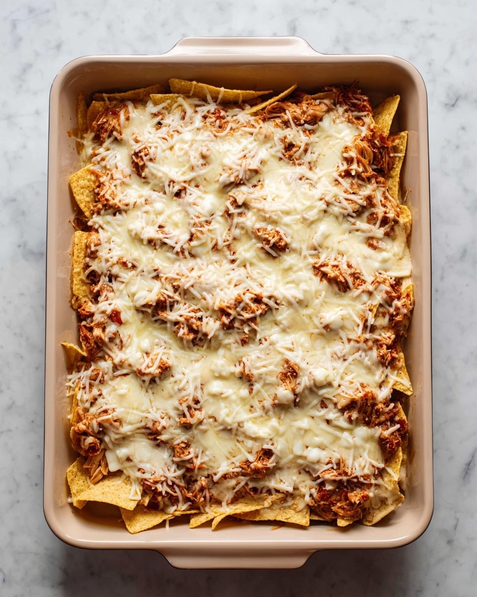 A rectangular baking pan filled with a layered dish starting with a bottom layer of light yellow tortilla chips spread evenly, topped with a thick layer of shredded meat mixed with a reddish sauce covering most of the chips, and finished with a layer of melted white cheese melted unevenly over the meat. The pan sits on a white marbled surface. photo taken with an iphone --ar 4:5 --v 7