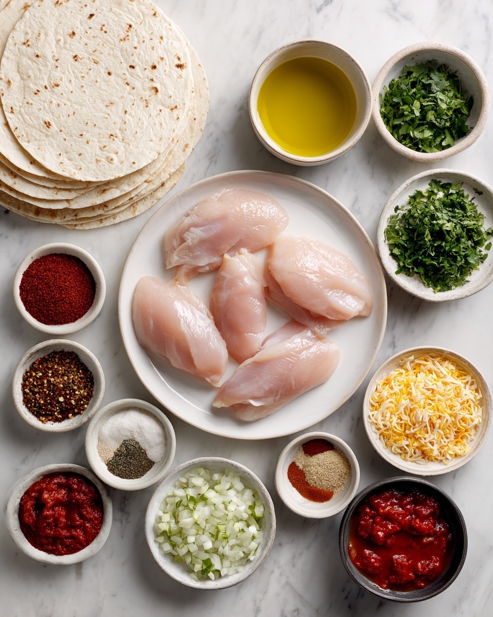The image shows a white marbled surface with several small bowls and plates arranged neatly. In the center is a white plate holding three pieces of light pink raw boneless skinless chicken. Surrounding it are bowls filled with different ingredients: pale yellow olive oil, finely chopped green roasted chiles, bright green chopped cilantro, deep red chipotle chile powder, dark brown cumin powder, coarse white salt and black pepper mix, light brown oregano, finely chopped white onion, minced garlic, sliced green onions, bright red chipotle hot sauce, shredded pale yellow Jack cheese, light yellow chicken broth, and a dark bowl with red fire roasted tomatoes. To the left side, there is a stack of round white flour tortillas. The setup is clean and organized, showing all ingredients separately on a white marbled surface photo taken with an iphone --ar 4:5 --v 7