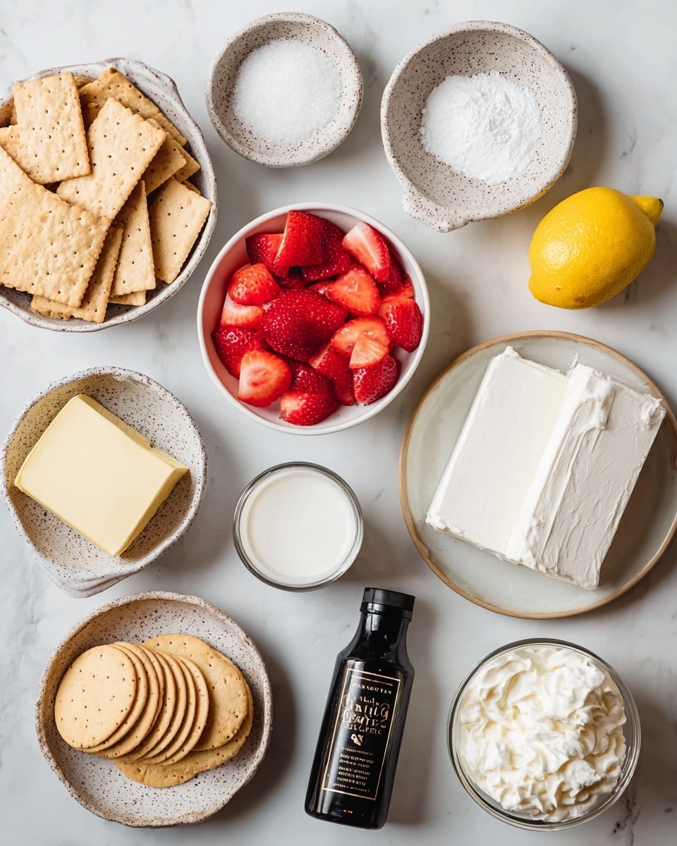 The image shows an arrangement of various baking ingredients on a white marbled surface. There are seven dishes and one bottle: at the bottom left, a bowl filled with light brown rectangular crackers; above it, a small white bowl with bright red sliced strawberries; to the right of the strawberries, a small speckled bowl with white granulated sugar; above the sugar, a small speckled plate with a block of pale yellow butter; next to the butter, a whole lemon with a bright yellow peel; to the right of the lemon, a white plate with two large blocks of smooth white cream cheese; below the cream cheese, a speckled bowl with a stack of round golden cream-filled cookies; a small white bowl with whipped cream is near the cookies; in the center, a black bottle labeled
