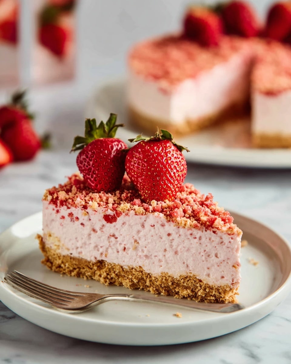 A slice of three-layer strawberry cheesecake on a white plate shows a crumbly light brown biscuit base, a thick pale pink creamy middle layer, and a crumbly red topping sprinkled unevenly. The top layer is decorated with two halved ripe strawberries sitting upright, showing bright red flesh and green leaves. In the background, a larger cheesecake with similar layers and strawberry topping is slightly out of focus on a white marbled surface, along with blurred fresh strawberry halves. There is a metallic fork resting on the side of the plate. Photo taken with an iphone --ar 4:5 --v 7