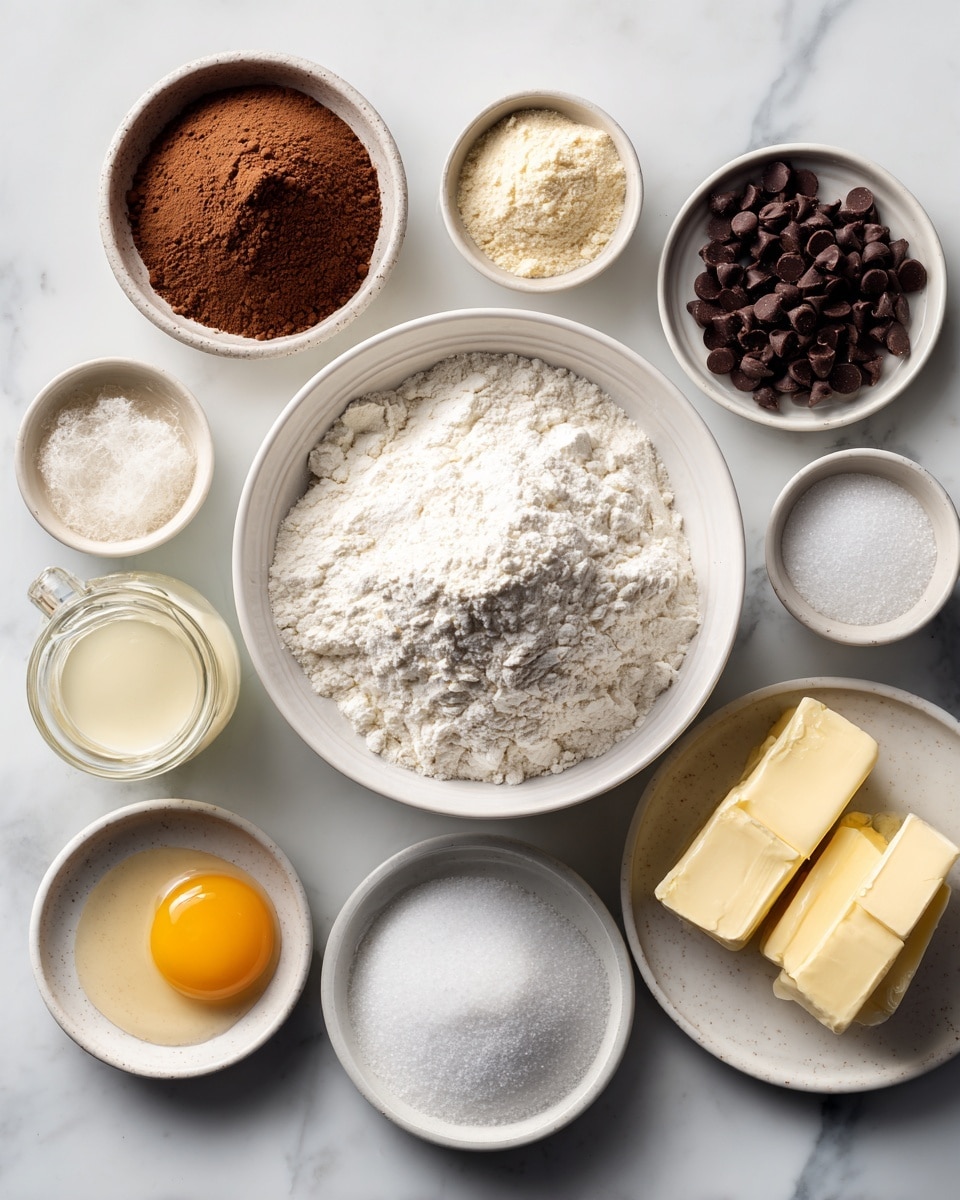 A top-down view of several small white bowls and plates arranged on a white marbled surface, each holding a different baking ingredient. In the center is a large white bowl filled with white flour, surrounded by smaller white bowls containing brown sugar, mini chocolate chips, vanilla pudding mix, white sugar, salt, and baking powder. A small plate holds two light yellow butter pieces, and another small bowl contains a raw egg with a bright yellow yolk and clear whites. There is also a glass jar with a vanilla liquid beside the bowls. All the bowls and plates have a simple, clean design, and the scene is brightly lit, making the ingredients clear and distinct, photo taken with an iphone --ar 4:5 --v 7