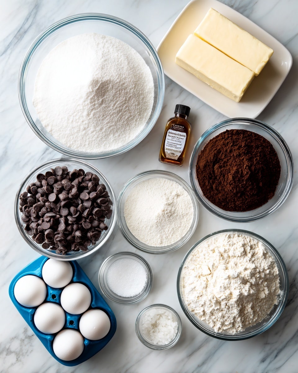 The image shows ingredients for baking arranged neatly on a white marbled surface. There is a large clear glass bowl filled with white sugar at the top center, next to a white rectangular dish holding two sticks of pale yellow butter at the top right. To the right of the sugar is a medium clear glass bowl full of dark brown black cocoa powder. Below the cocoa powder, a small clear bowl contains white baking powder, and next to it is a small clear jar filled with salt. At the bottom center, a medium clear bowl has white flour. To the left of the flour, a medium clear bowl is filled with dark chocolate chips. At the bottom left, there is a blue egg holder with four white eggs. To the left of the sugar bowl, there is a small amber glass bottle labeled vanilla extract. The whole setup is clean and well-organized with labels on each item. Photo taken with an iphone --ar 4:5 --v 7