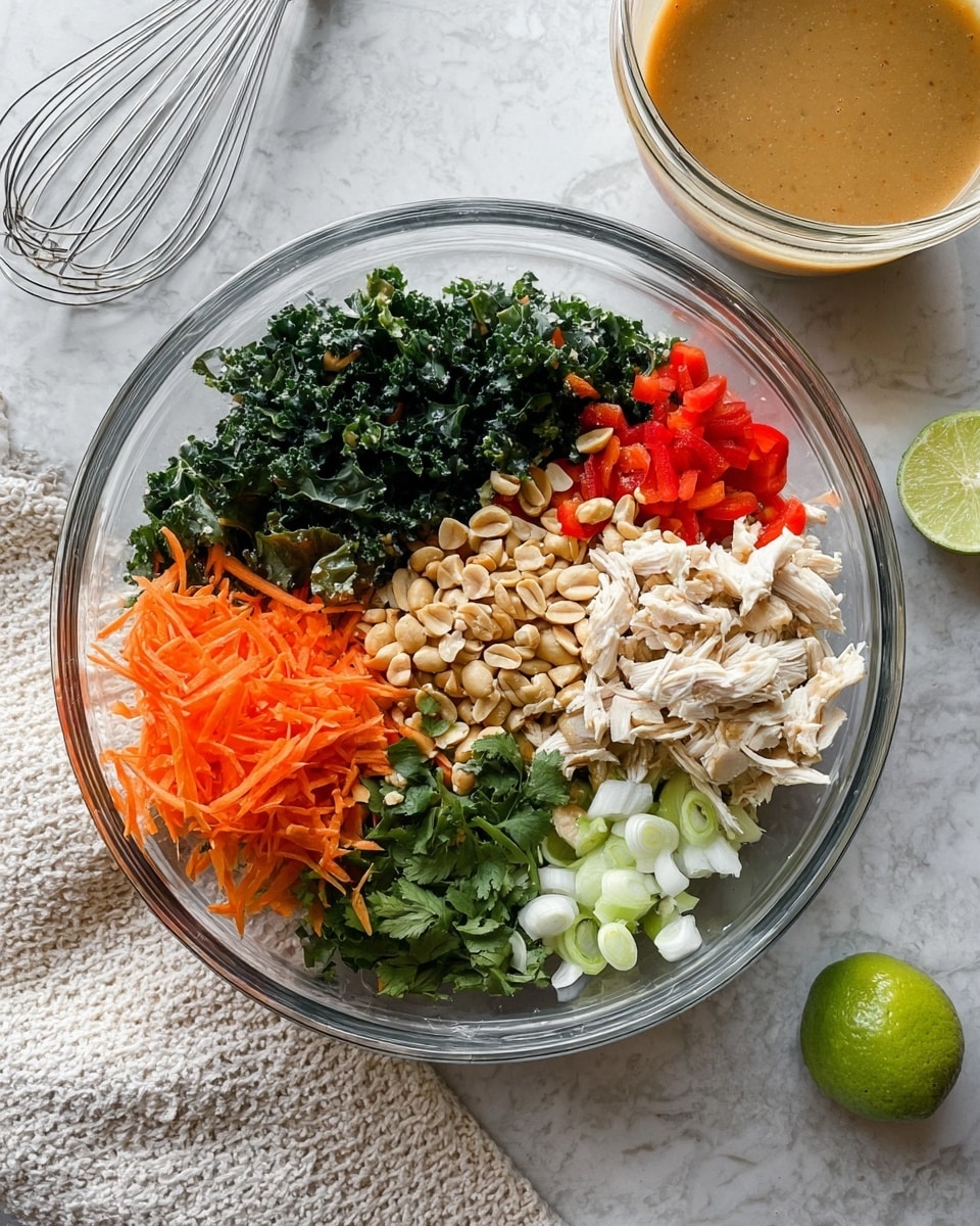 A clear glass bowl on a white marbled surface holds a fresh salad with several colorful layers, each arranged separately: dark green kale on the left, bright orange shredded carrots below, white and light green sliced green onions at the bottom right, beige toasted peanuts on the right, fresh chopped green cilantro above the peanuts, thin red bell pepper slices at the top, and shredded white chicken piled in the center. A half lime is placed on the surface to the right, and a separate clear glass bowl with tan-colored dressing and a whisk is at the top left. A white textured cloth is partially visible at the bottom left. Photo taken with an iphone --ar 4:5 --v 7