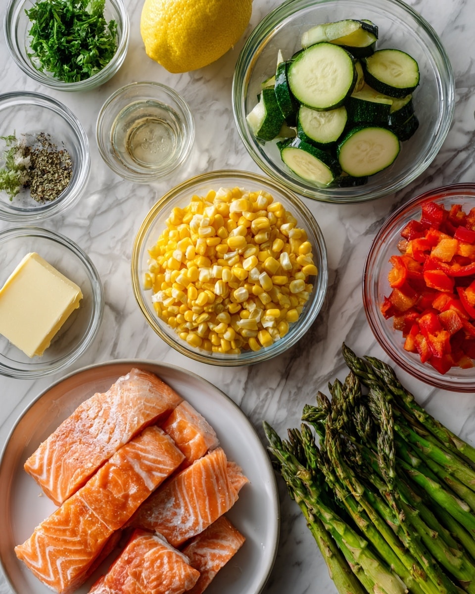 A top view shows several small clear glass bowls arranged on a white marbled surface, each holding fresh ingredients. One bowl near the center holds bright yellow corn kernels. Another bowl at the top right contains green zucchini slices arranged in a slightly overlapping stack. To the right of it is a bowl filled with chopped red pepper pieces. At the bottom right, a white bowl is full of fresh green asparagus. On the bottom left, a white plate is layered with several pieces of raw salmon fillets showing orange flesh with white lines. Next to it, a small glass bowl holds a pale yellow slice of butter. To the upper left, another bowl contains green parsley. Nearby, small glass dishes hold olive oil and a mix of white and black garlic powder and salt/pepper seasonings. Half a lemon is placed near the top center. The scene is lit brightly and looks fresh and clean. Photo taken with an iphone --ar 4:5 --v 7