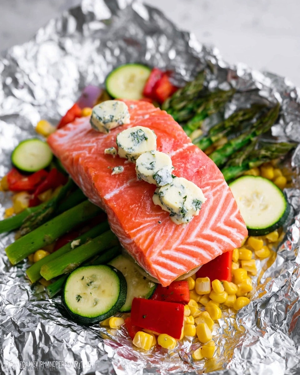 A piece of fresh pink salmon with white lines lies in the center on top of mixed vegetables. The vegetables have three layers: bright green asparagus spears on the top, sliced light green zucchini rounds in the middle, and bright yellow corn kernels with red bell pepper chunks on the bottom. The salmon has three small soft white dollops of herb butter placed on top. The whole stack rests on crinkled aluminum foil over a white marbled surface. photo taken with an iphone --ar 4:5 --v 7