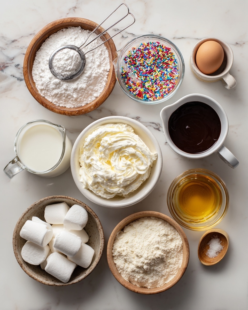 The image shows a white marbled surface with several ingredients for a recipe arranged neatly. At the top left, there is a wooden bowl filled with white powdered sugar and a metal sifter resting on top. To the right of it, a white ceramic small pitcher holds dark chocolate sauce. Below the chocolate sauce, a white bowl is filled with off-white whipped cream with a soft, fluffy texture. In the center, a clear glass bowl contains colorful rainbow jimmie sprinkles. To the lower left of the sprinkles, a glass measuring cup has white milk, and next to it, a small wooden dish holds a single white egg. Below the egg and milk, another wooden bowl is filled with white marshmallows. In the center bottom, a glass bowl contains light-colored buttermilk pancake mix powder. On the right side near the bottom is a glass measuring jug filled with golden-yellow canola oil. At the top right, a small white dish holds light brown vanilla extract. The items are spaced evenly and shown from above, with clear labels near each ingredient. Photo taken with an iphone --ar 4:5 --v 7