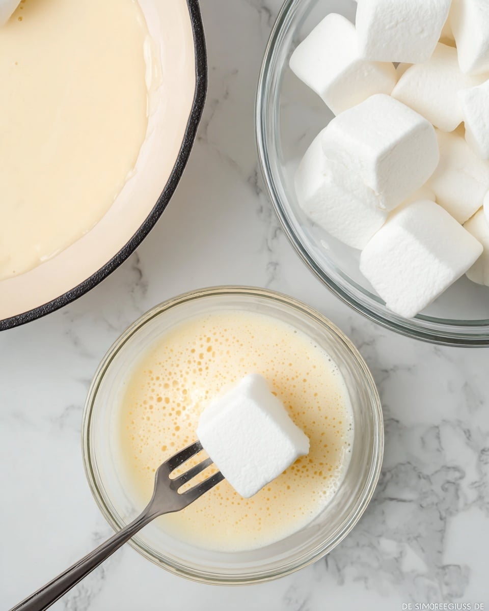 The image shows a close-up scene of three layers arranged on a white marbled surface: on the left, part of a light beige pan with a black rim; on the right, a clear glass bowl filled with large, white, fluffy marshmallows; and at the bottom center, another clear glass bowl containing a light yellow creamy mixture with bubbles on the surface. A dark gray fork is holding one marshmallow dipped in the creamy mixture, positioned in the middle of the bowl. Photo taken with an iphone --ar 4:5 --v 7