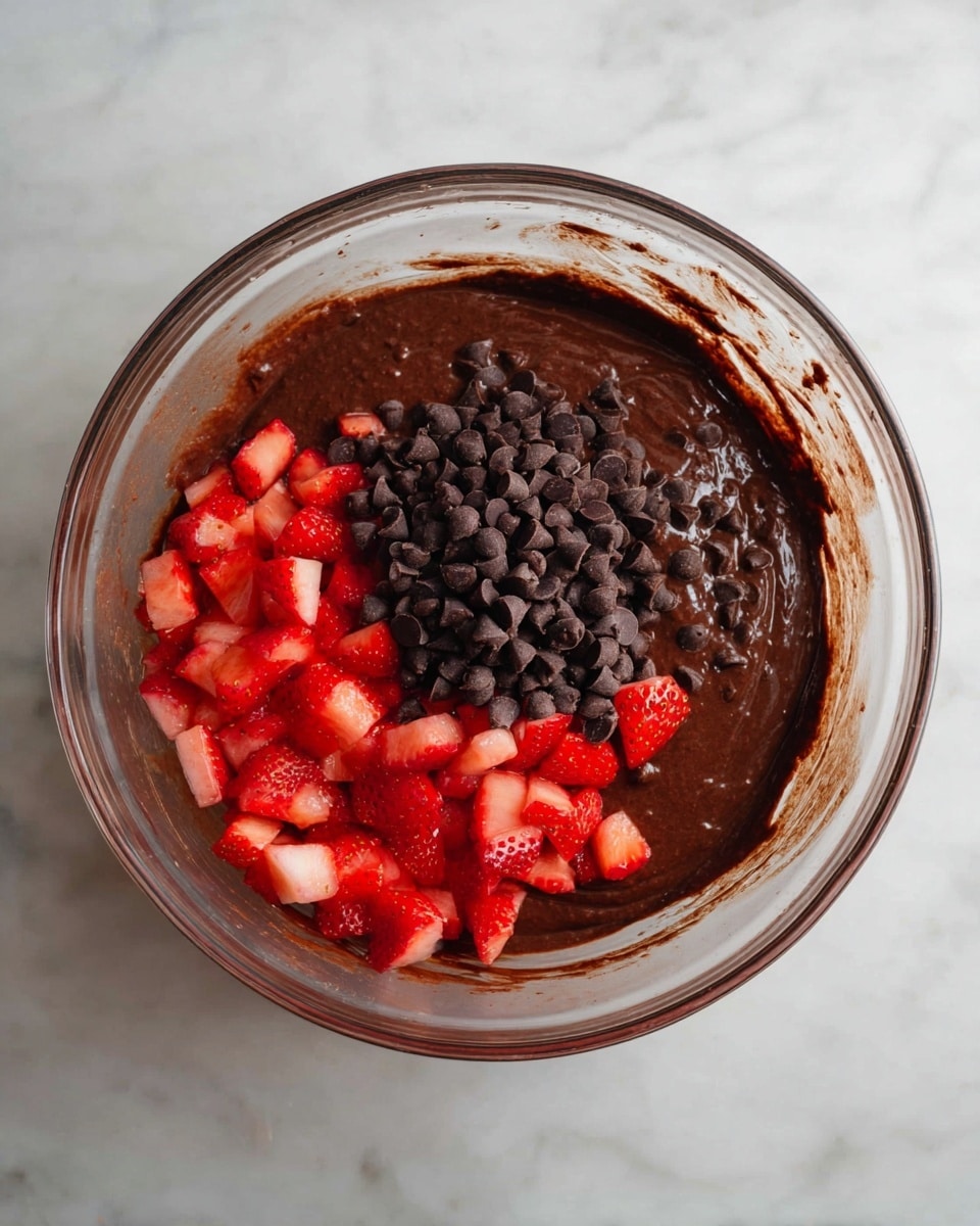 A clear glass bowl filled with thick, dark brown chocolate batter sits on a white marbled surface. On top of the batter in the center, there is a small heap of dark brown chocolate chips on the left and fresh, bright red chopped strawberries on the right. The sides of the bowl show some smudges of batter, adding a natural, in-progress feel. photo taken with an iphone --ar 4:5 --v 7