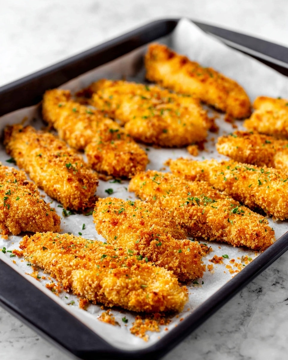 A black baking tray lined with white parchment paper holds ten golden brown crispy chicken strips arranged in two uneven rows, each strip covered in a crunchy textured coating and sprinkled lightly with chopped green herbs. Small crumbs and bits of the coating are spread around the strips on the paper, enhancing the crisp look. The white marbled surface is visible in the blurred background. Photo taken with an iphone --ar 4:5 --v 7