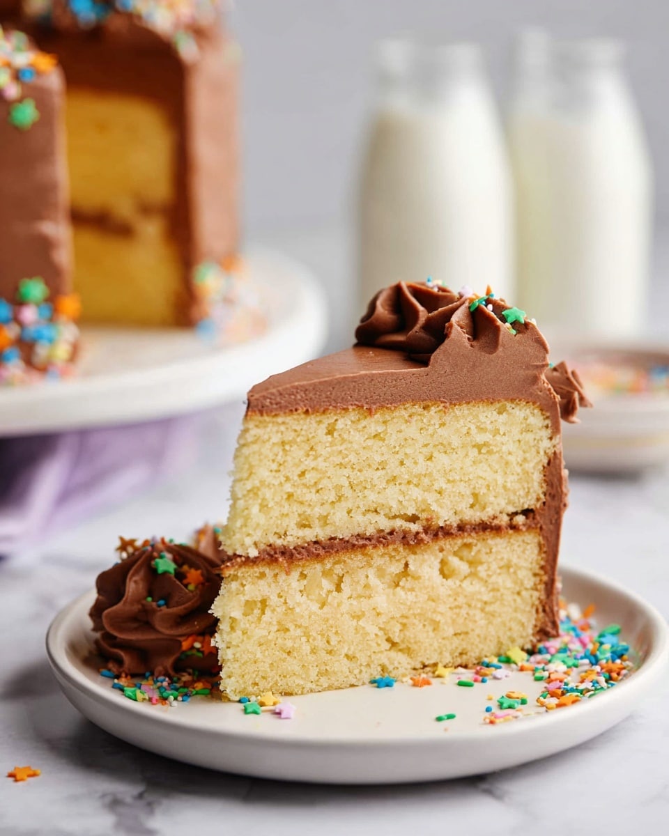 A slice of yellow layered cake with two thick layers of light yellow sponge separated by a rich, smooth light brown chocolate frosting, with more chocolate frosting covering the outside edges and top. The side of the cake shows a decorative swirl of chocolate frosting dotted with small colorful round and star sprinkles. The slice sits on a white plate with a few scattered colorful sprinkles around, placed on a white marbled surface, and in the background, there are three glass bottles filled with milk, slightly out of focus. Photo taken with an iphone --ar 4:5 --v 7
