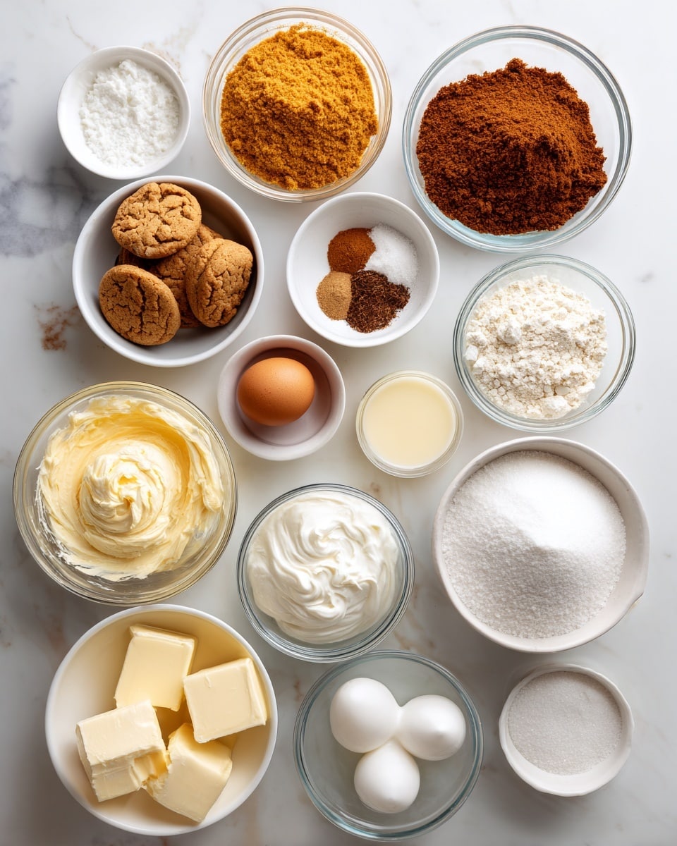 The image shows a collection of baking ingredients arranged neatly on a white marbled surface. On the left side, there are clear glass bowls and white bowls filled with heavy cream, gingersnaps, spices, butter, eggs, pumpkin, brown sugar, sugar, sour cream, and vanilla. Some ingredients are in small white bowls, while others like brown sugar are in a bigger white bowl. On the right side, a clear glass bowl contains egg whites, surrounded by small white bowls holding salt, cream of tartar, sugar, and vanilla, along with a larger white bowl filled with sugar. Each ingredient is labeled with black text on white backgrounds above the bowls. Photo taken with an iphone --ar 4:5 --v 7