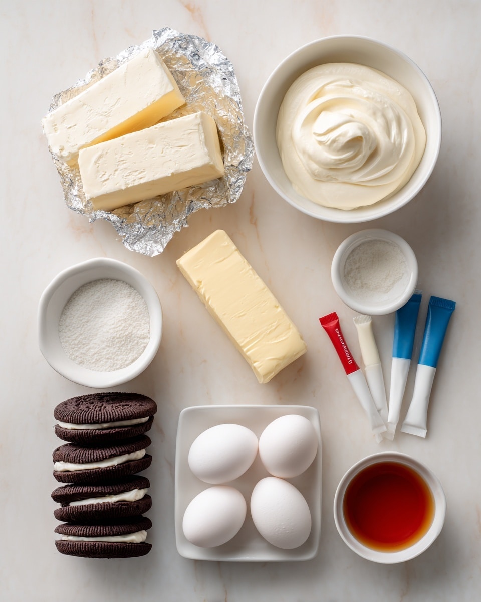 The image shows a flat lay of baking ingredients arranged on a white marbled surface. At the top are three blocks of cream cheese in silver wrappers, with one block open. Below them, slightly to the right, is a white bowl filled with smooth, white sour cream. To the left of the sour cream is a small white bowl holding white granulated sugar. Below the sugar bowl are two sticks of pale yellow butter stacked side by side. To the right of the butter are two small tubes of food coloring, one blue and one red. Next to the food coloring are three white eggs arranged horizontally. A small white dish with amber vanilla extract sits to the right of the sour cream. At the bottom left, there's a neat row of dark chocolate cookies with cream filling, aligned in a curve pointing up toward the center. The arrangement is clean and organized for a clear view of each ingredient. photo taken with an iphone --ar 4:5 --v 7