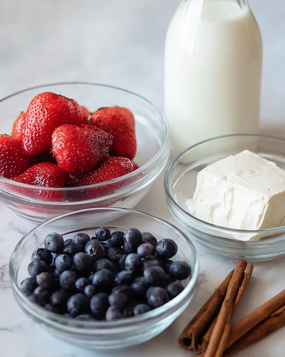 There are three clear glass bowls on a white marbled surface, each filled with different ingredients. The first bowl contains bright red strawberries, the second is filled with dark blue blueberries, and the third holds a block of white creamy cheese or cream. Behind the bowls, there is a clear glass bottle filled with white milk. In the bottom right corner, two brown cinnamon sticks are placed on the white marbled surface. The photo is clear with soft natural light. photo taken with an iphone --ar 4:5 --v 7
